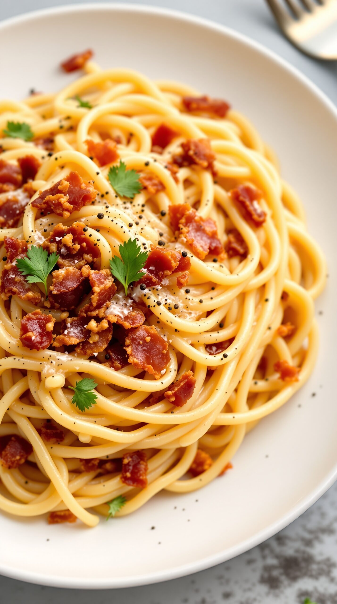 A plate of spaghetti carbonara topped with pancetta and parsley.