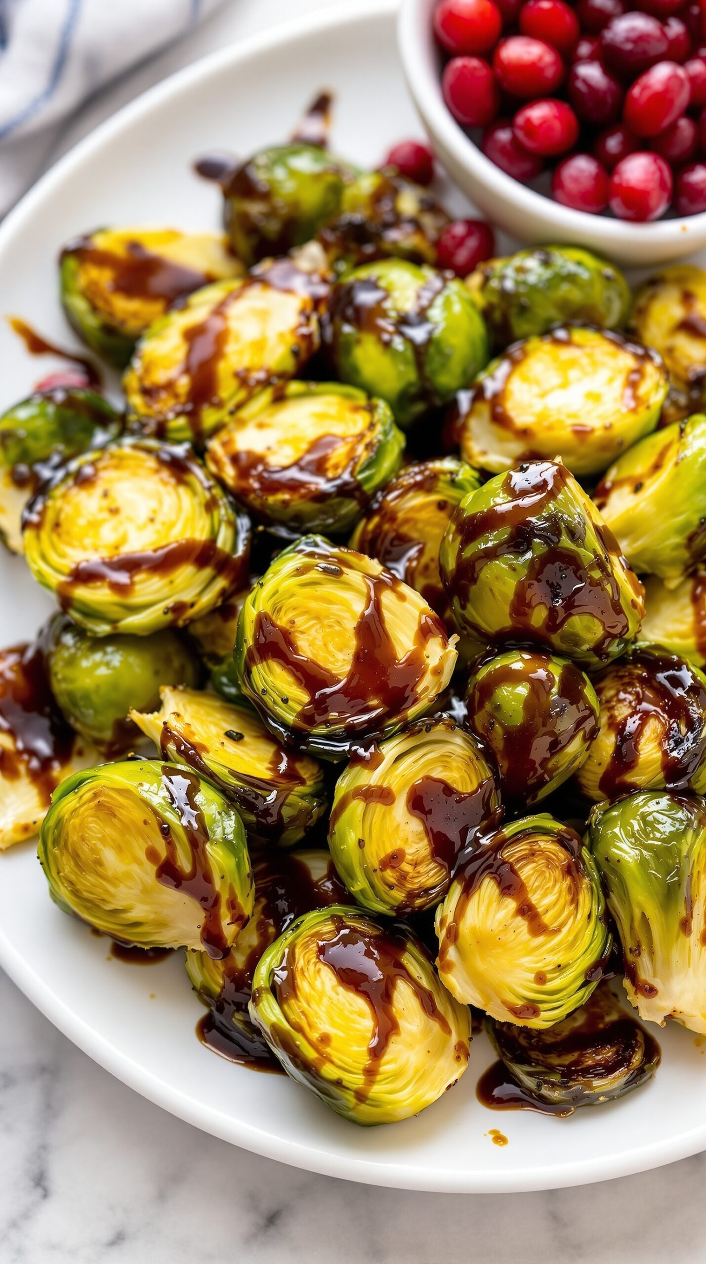 A plate of roasted Brussels sprouts drizzled with balsamic glaze, accompanied by fresh cranberries.