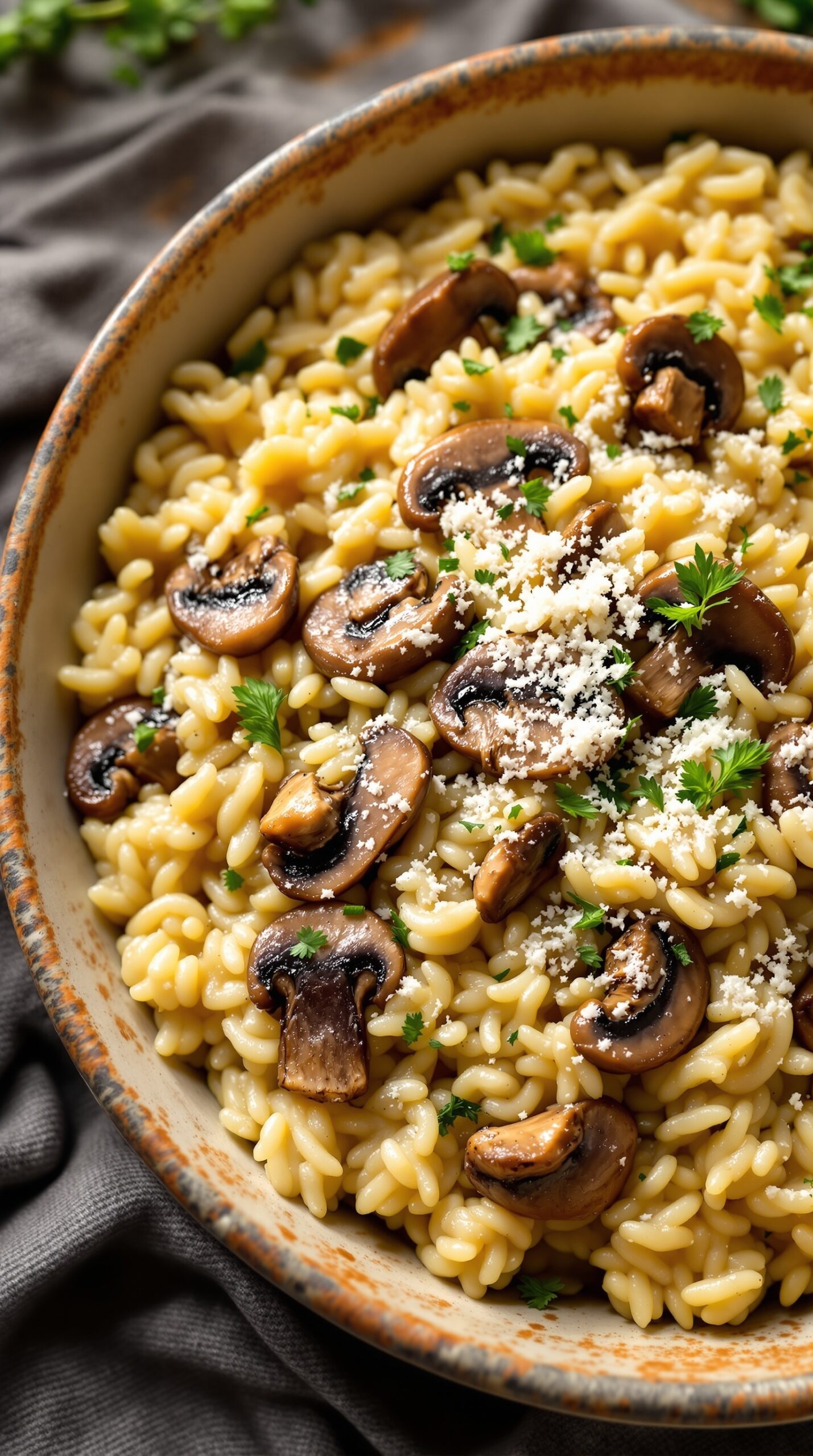 A bowl of creamy risotto with wild mushrooms, garnished with parsley and cheese.