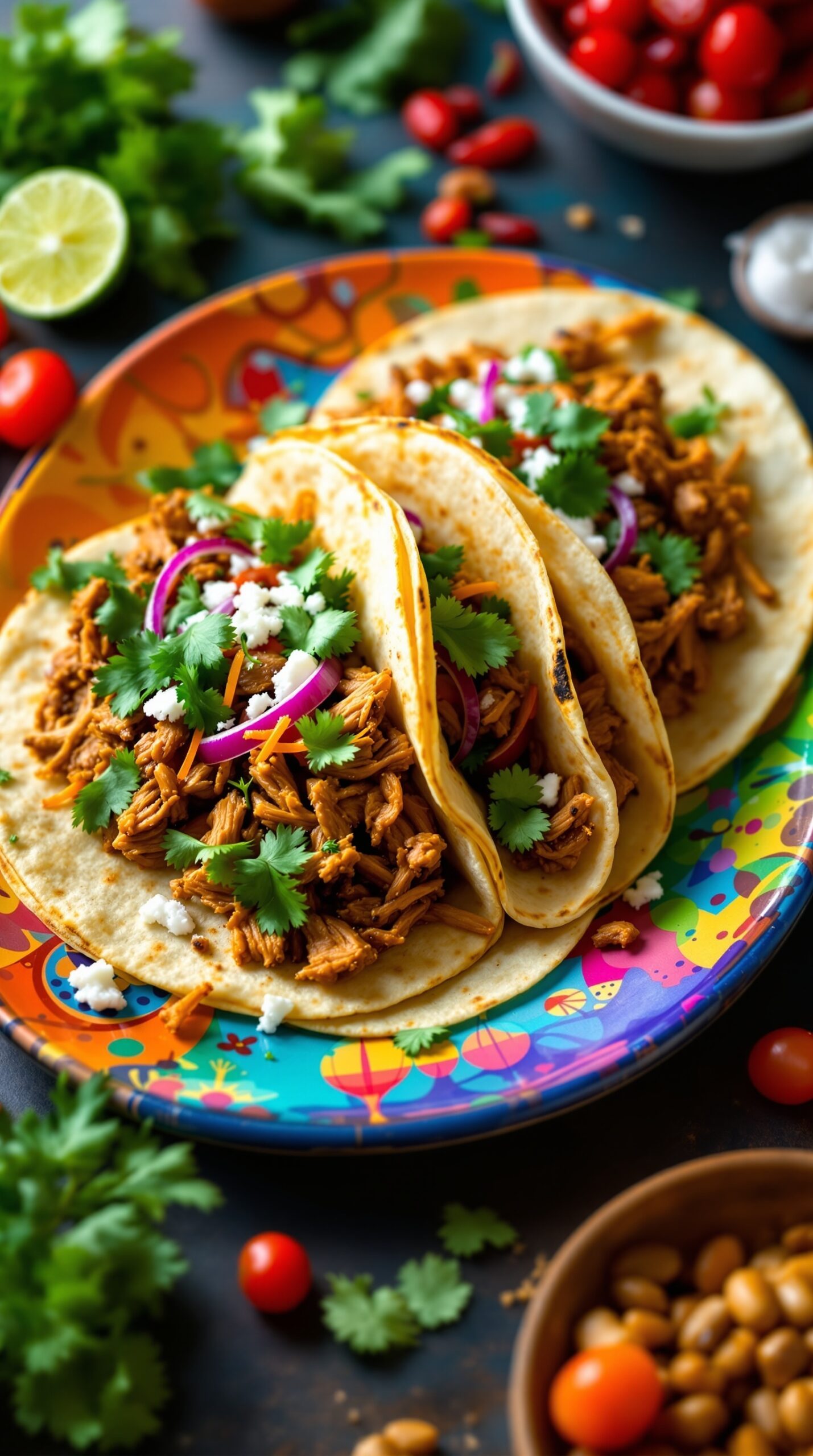 Plate of pulled pork tacos topped with cilantro and red onions