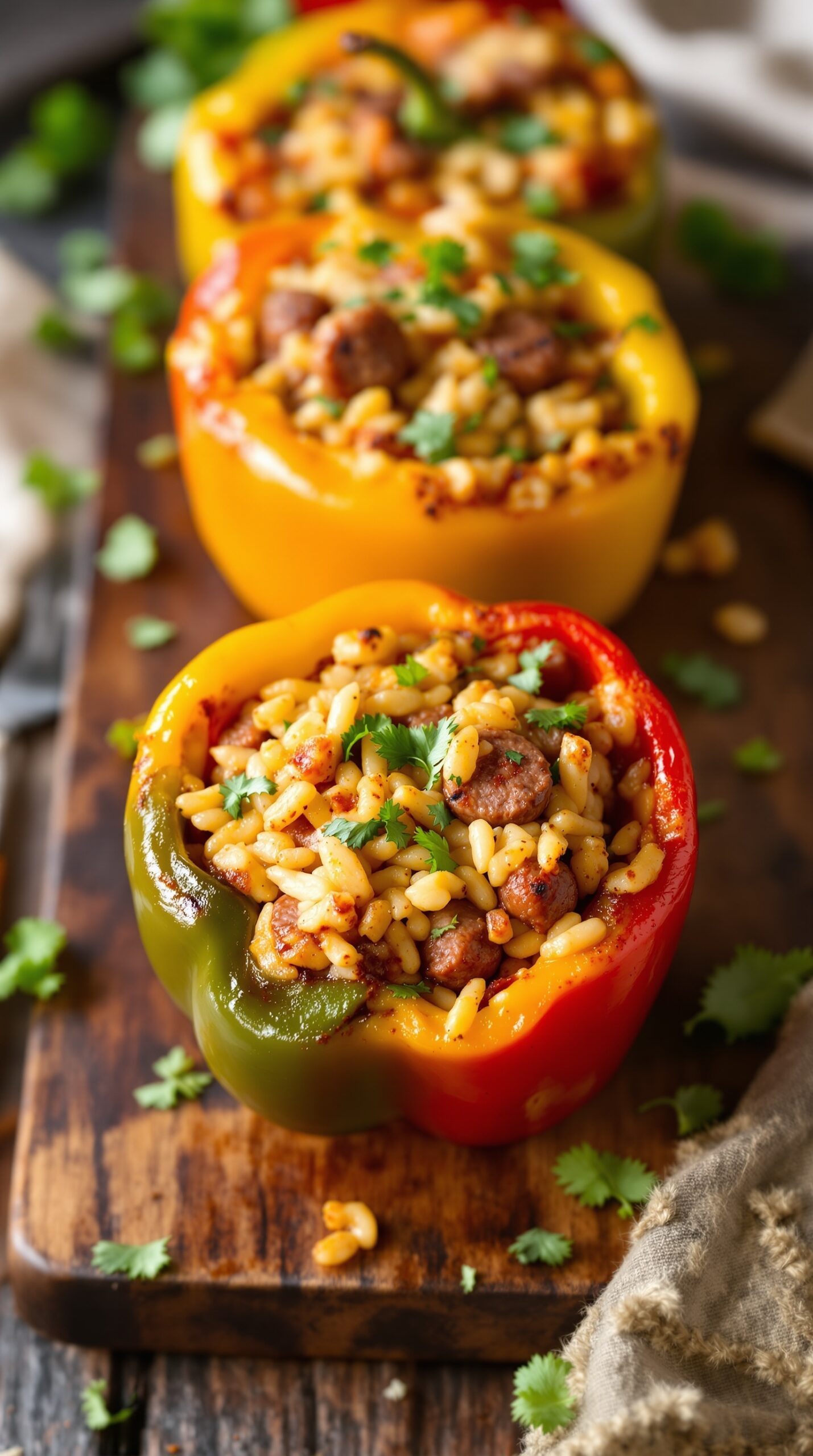 Stuffed bell peppers filled with Italian sausage and rice, garnished with herbs.