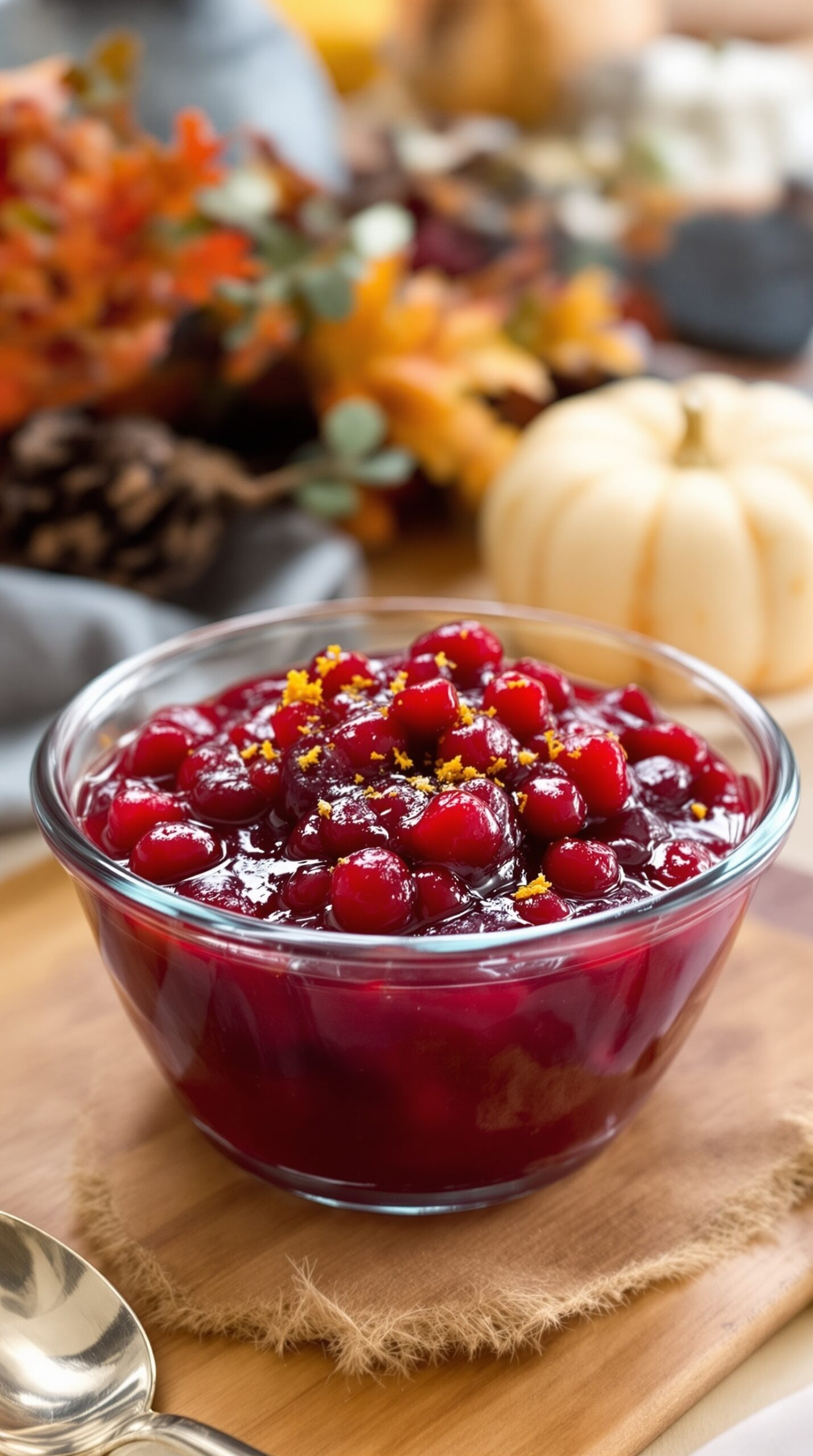 A bowl of cranberry sauce with orange zest, surrounded by autumn decorations.