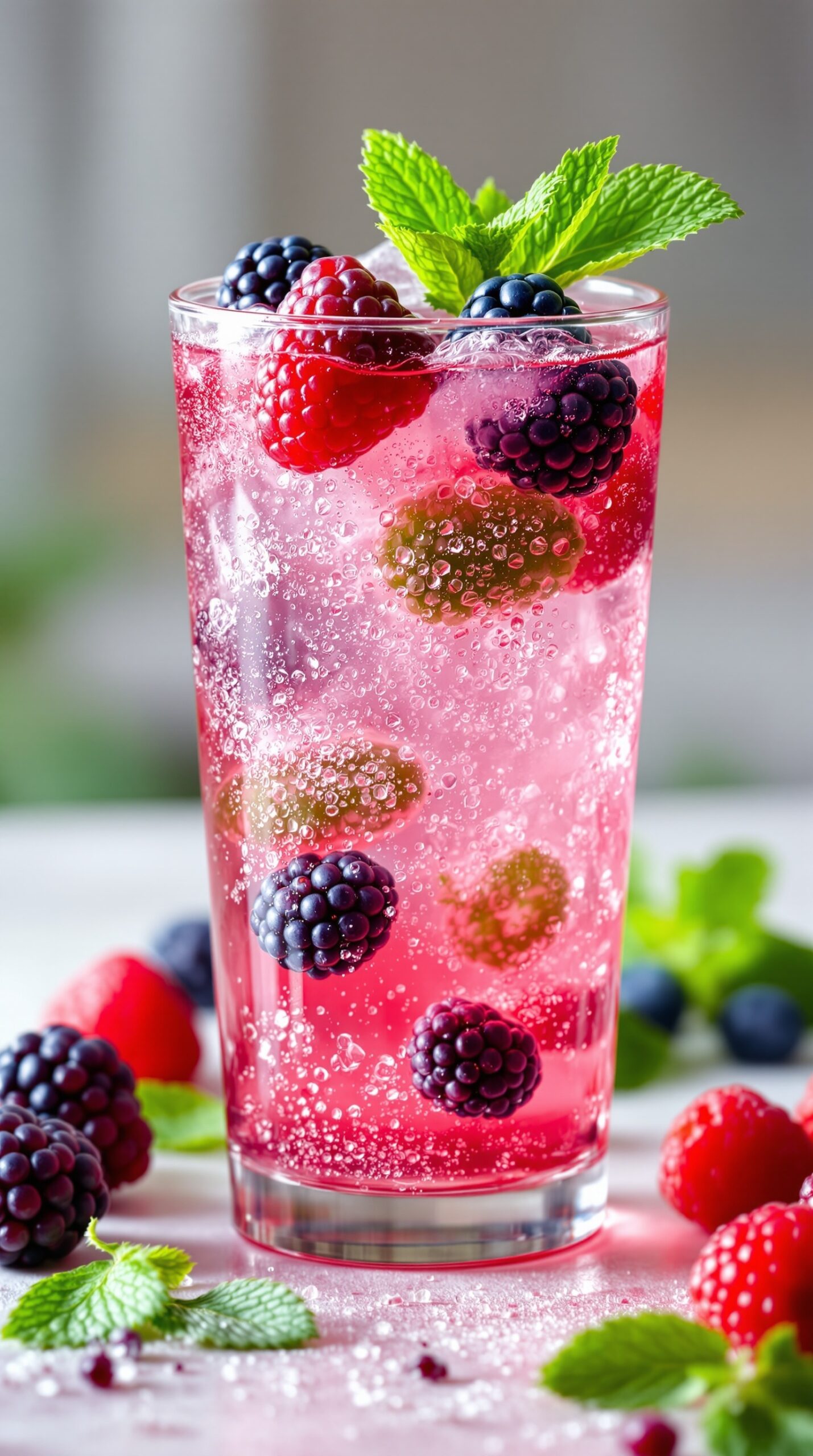 A refreshing glass of berry infused sparkling water with raspberries, blackberries, and blueberries.