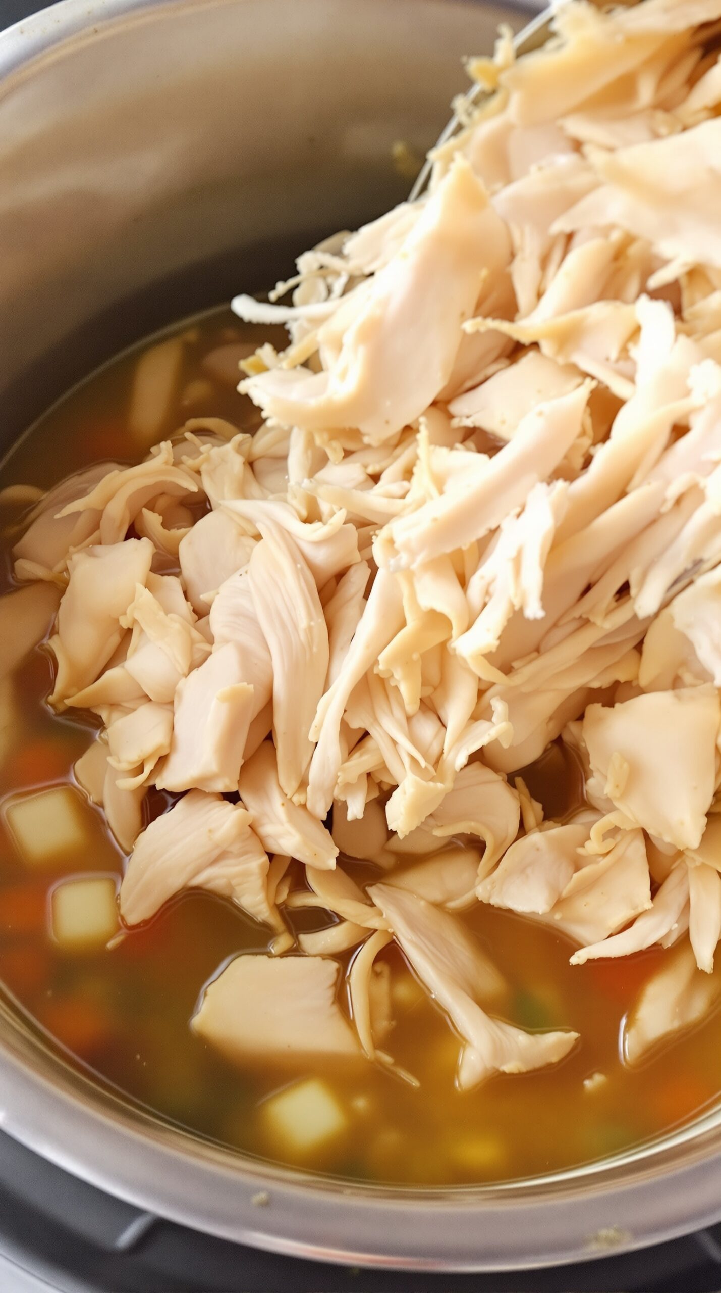 Tender shredded chicken being added to a pot of broth and vegetables for chicken tortilla soup.