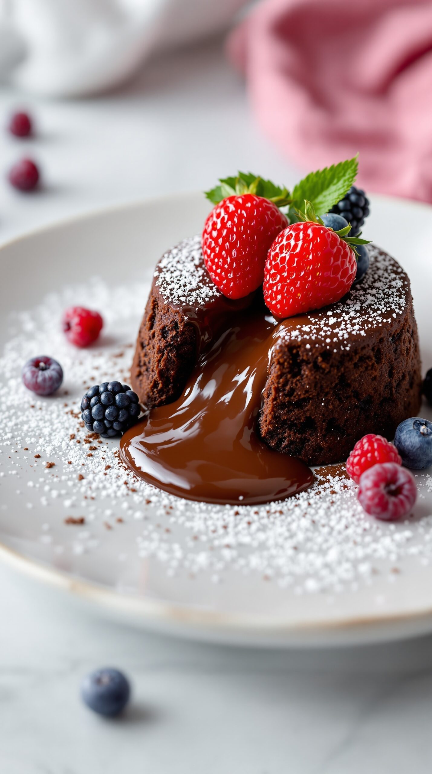 A delicious chocolate lava cake with a molten center, topped with strawberries and blueberries.