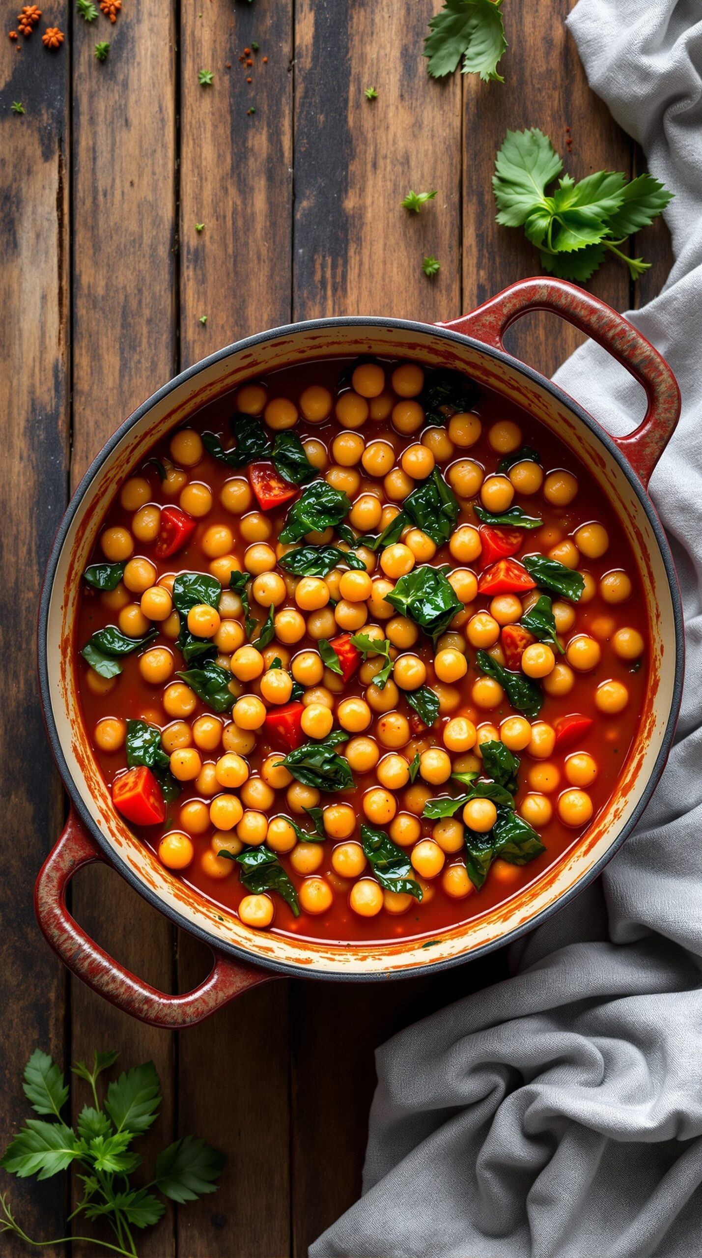 A vibrant Mediterranean chickpea stew in a pot, featuring chickpeas, spinach, and tomatoes on a wooden table.