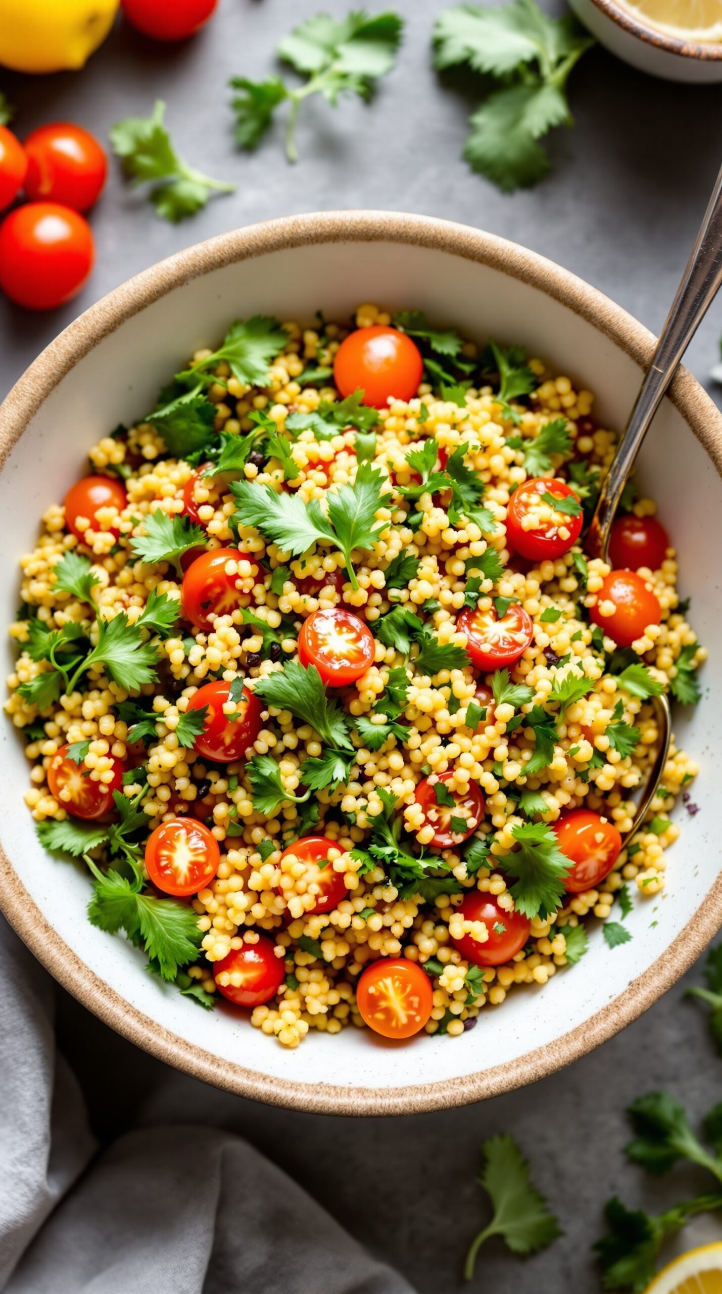 A colorful bowl of quinoa salad with cherry tomatoes and fresh herbs.