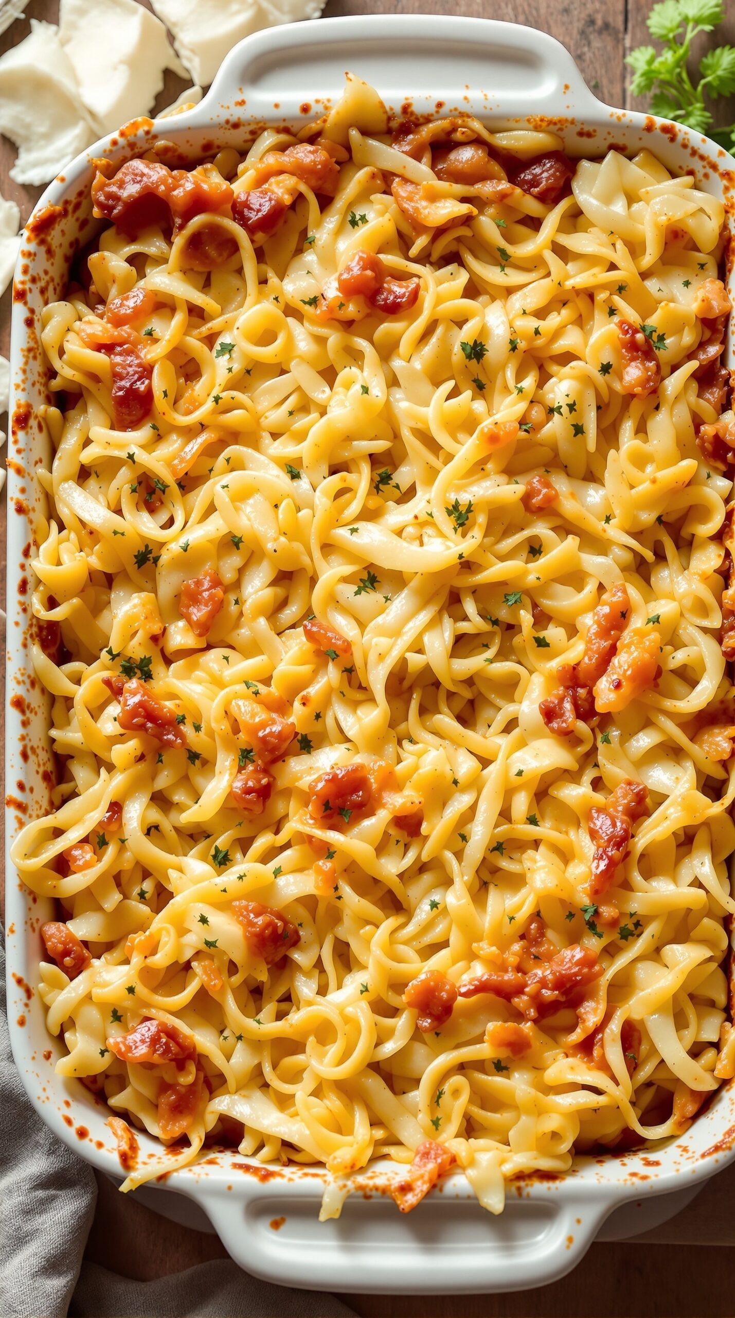 A delicious cabbage and noodle casserole topped with cheese and breadcrumbs.
