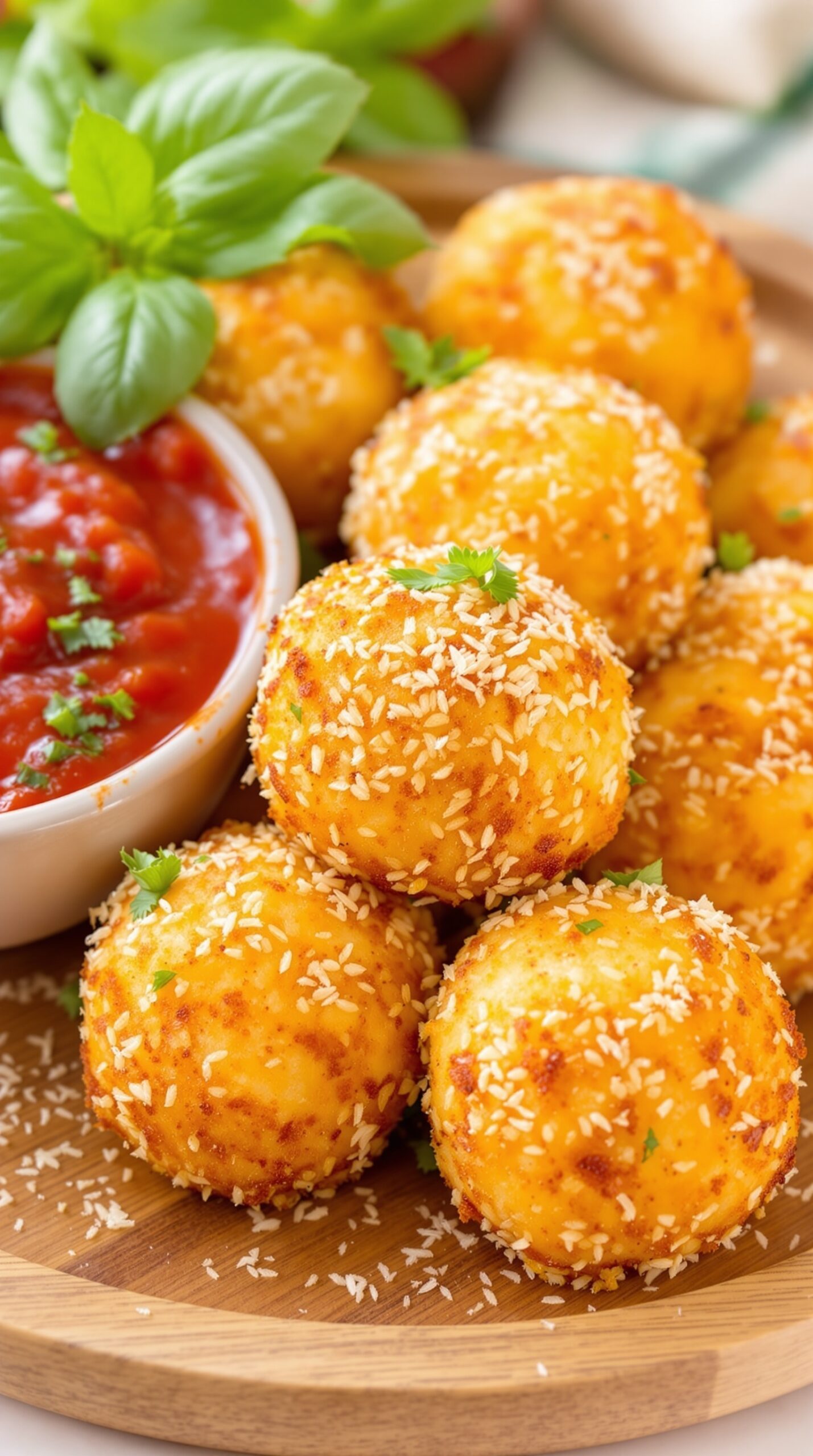 Crispy arancini balls served with marinara sauce and garnished with fresh basil.