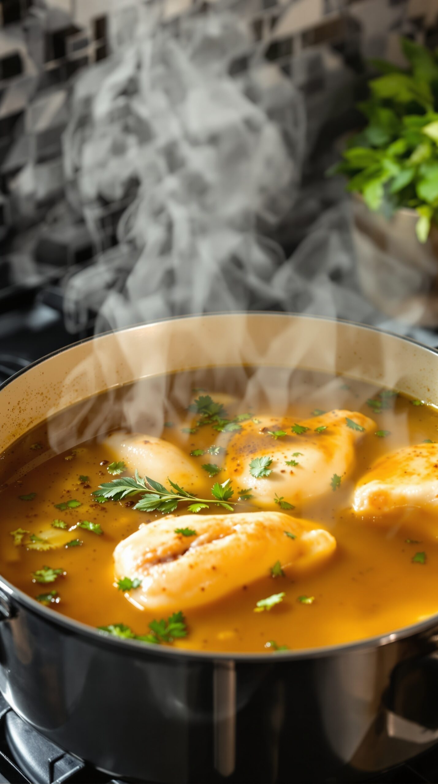 A pot of steaming chicken broth with chicken breasts and fresh herbs.
