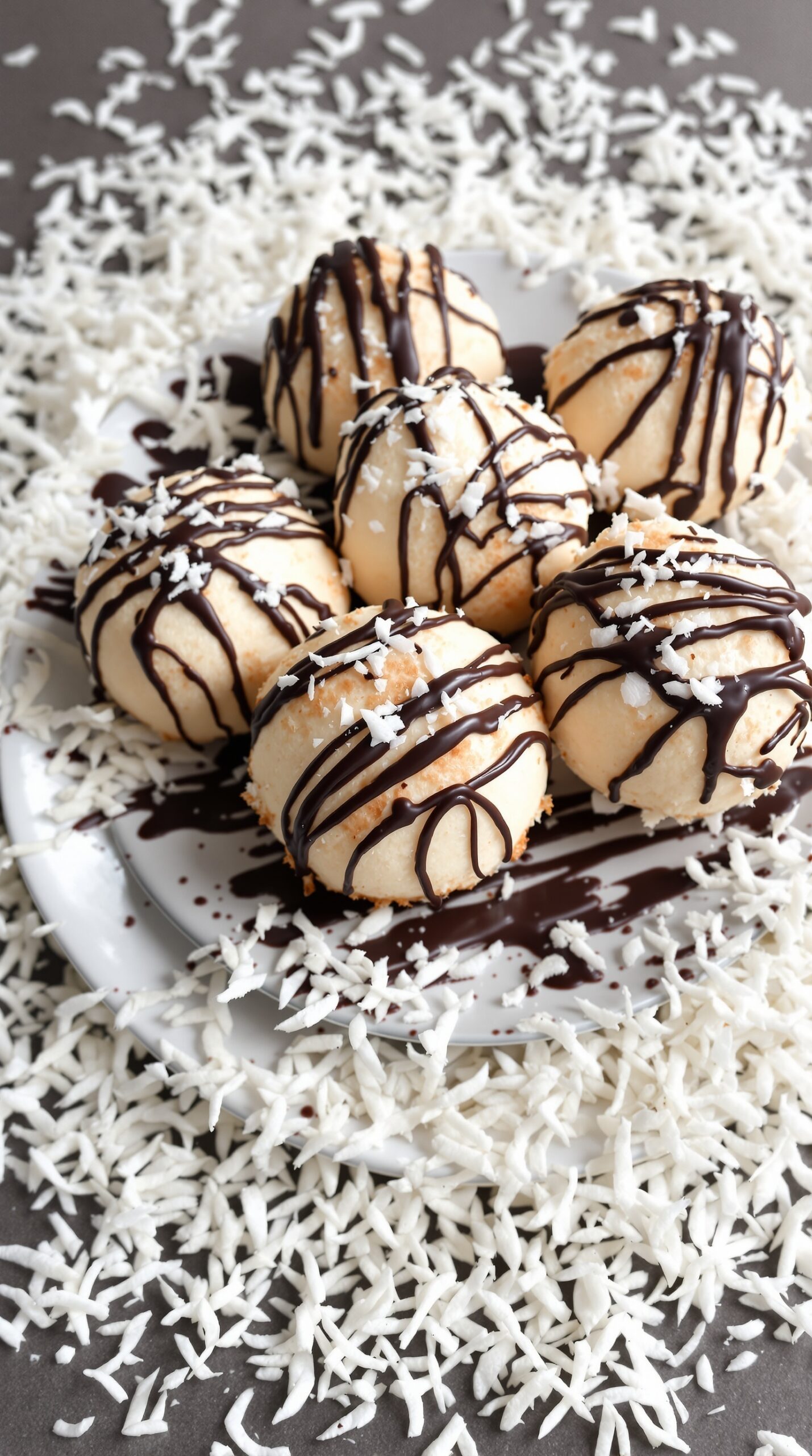 A plate of coconut macaroons drizzled with chocolate, surrounded by shredded coconut.