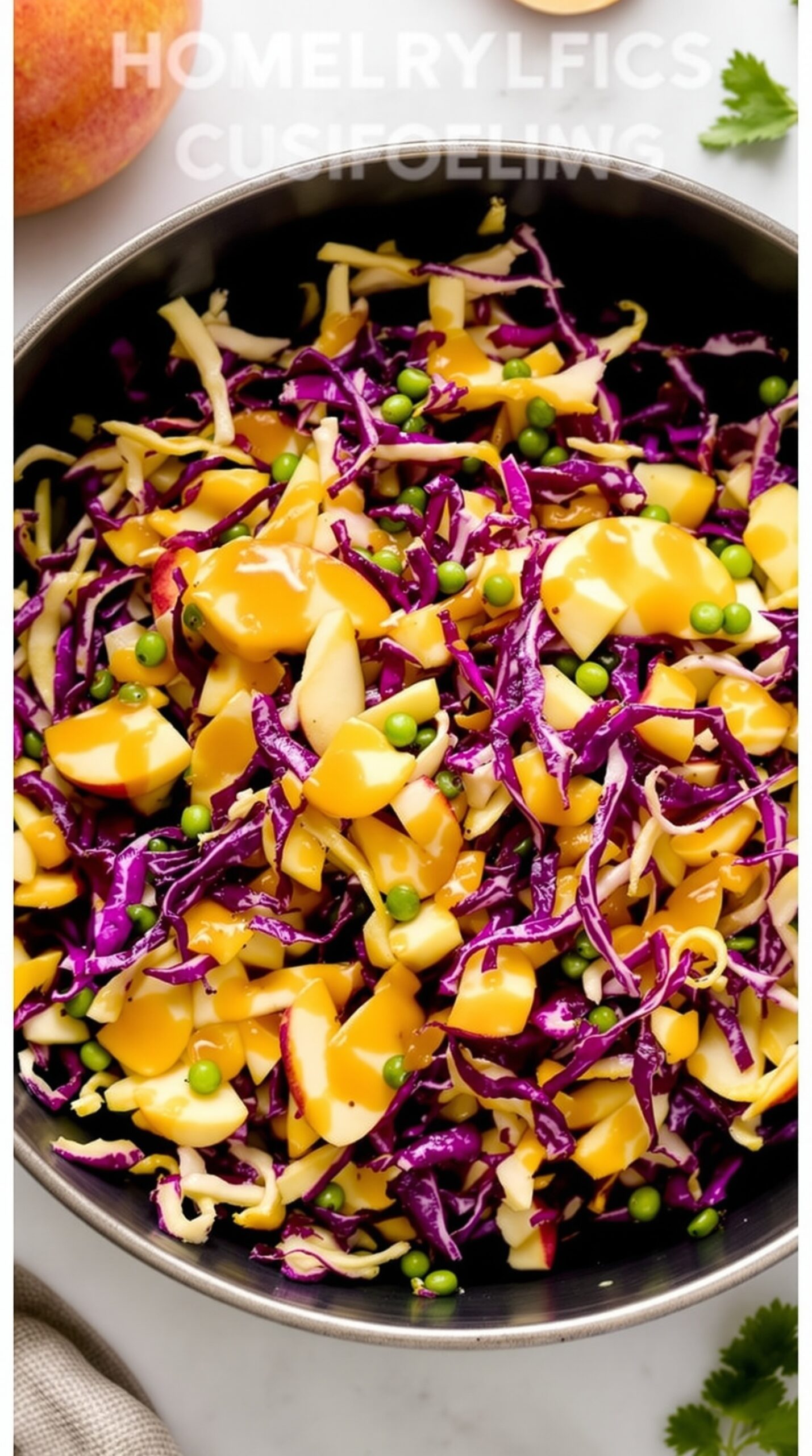 A vibrant bowl of cabbage and apple slaw with honey mustard dressing, featuring shredded cabbage, diced apples, and green peas.