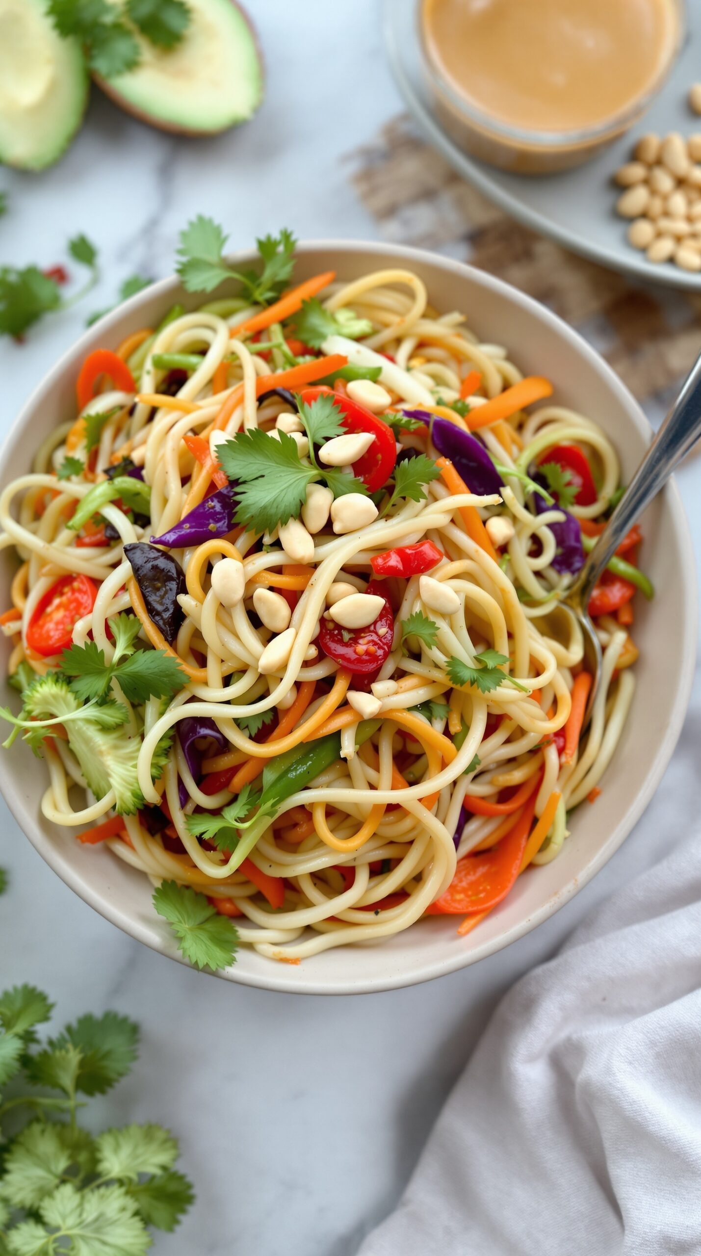 A vibrant bowl of Thai Peanut Noodle Salad with colorful vegetables and peanuts.