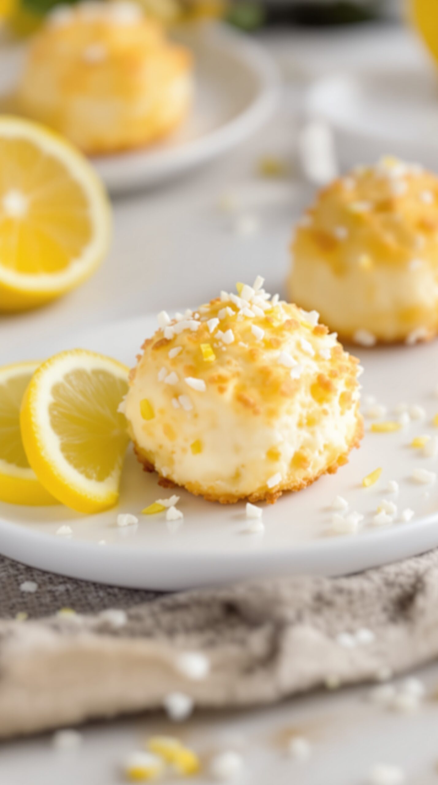 Lemon Coconut Macaroons on a plate with lemon slices