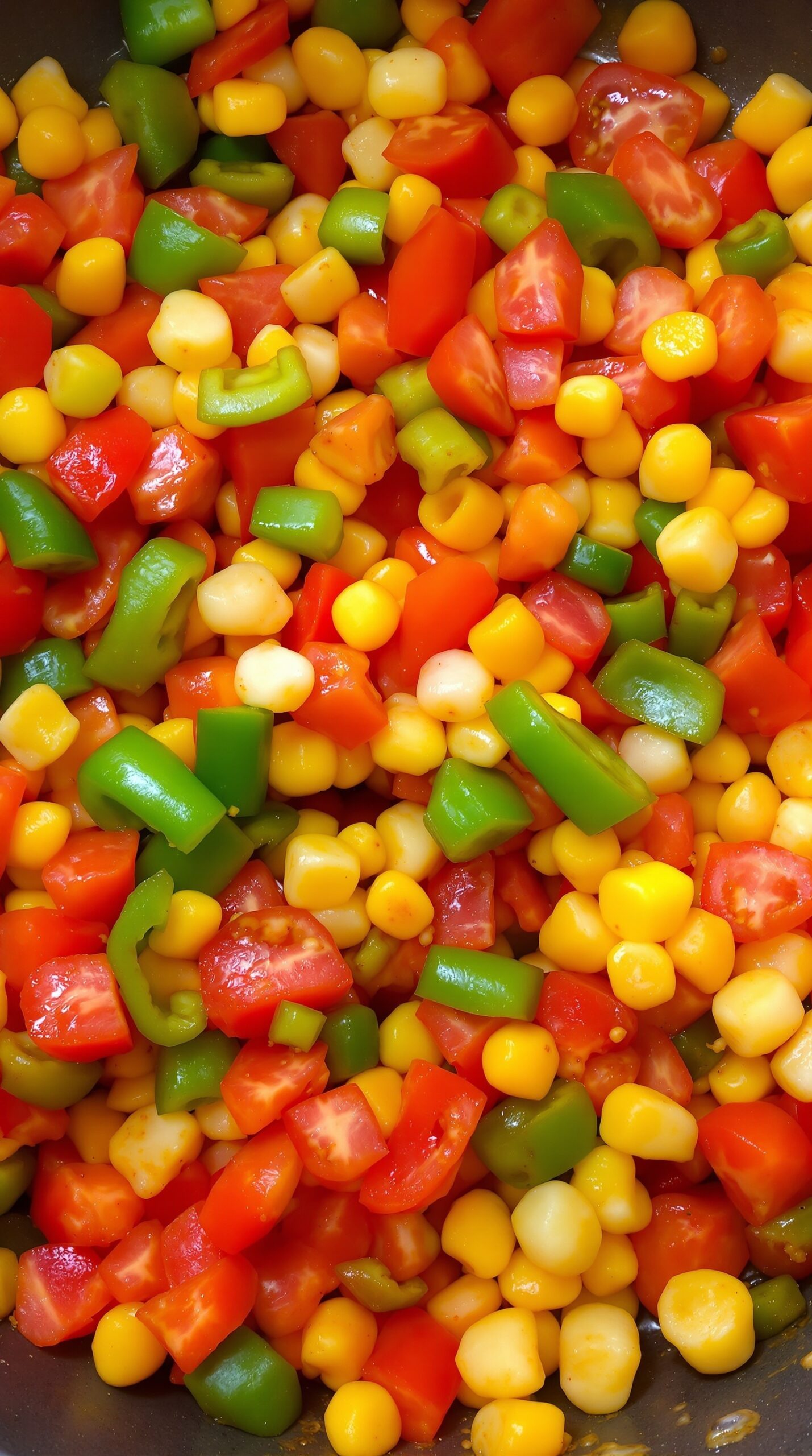 A colorful medley of diced tomatoes, corn, and bell peppers for chicken tortilla soup.