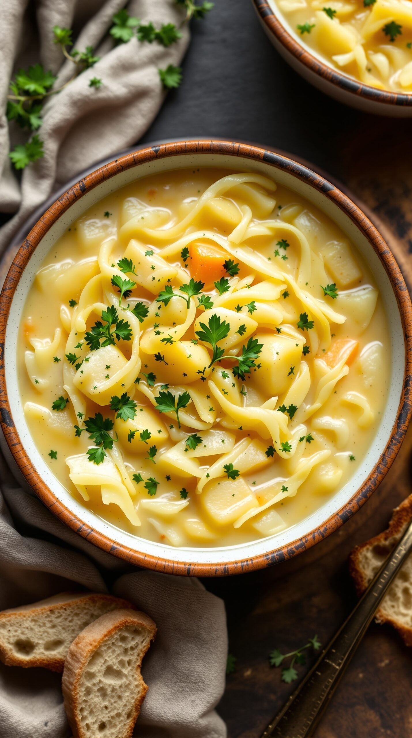 A bowl of creamy cabbage and potato soup garnished with parsley, served with bread.