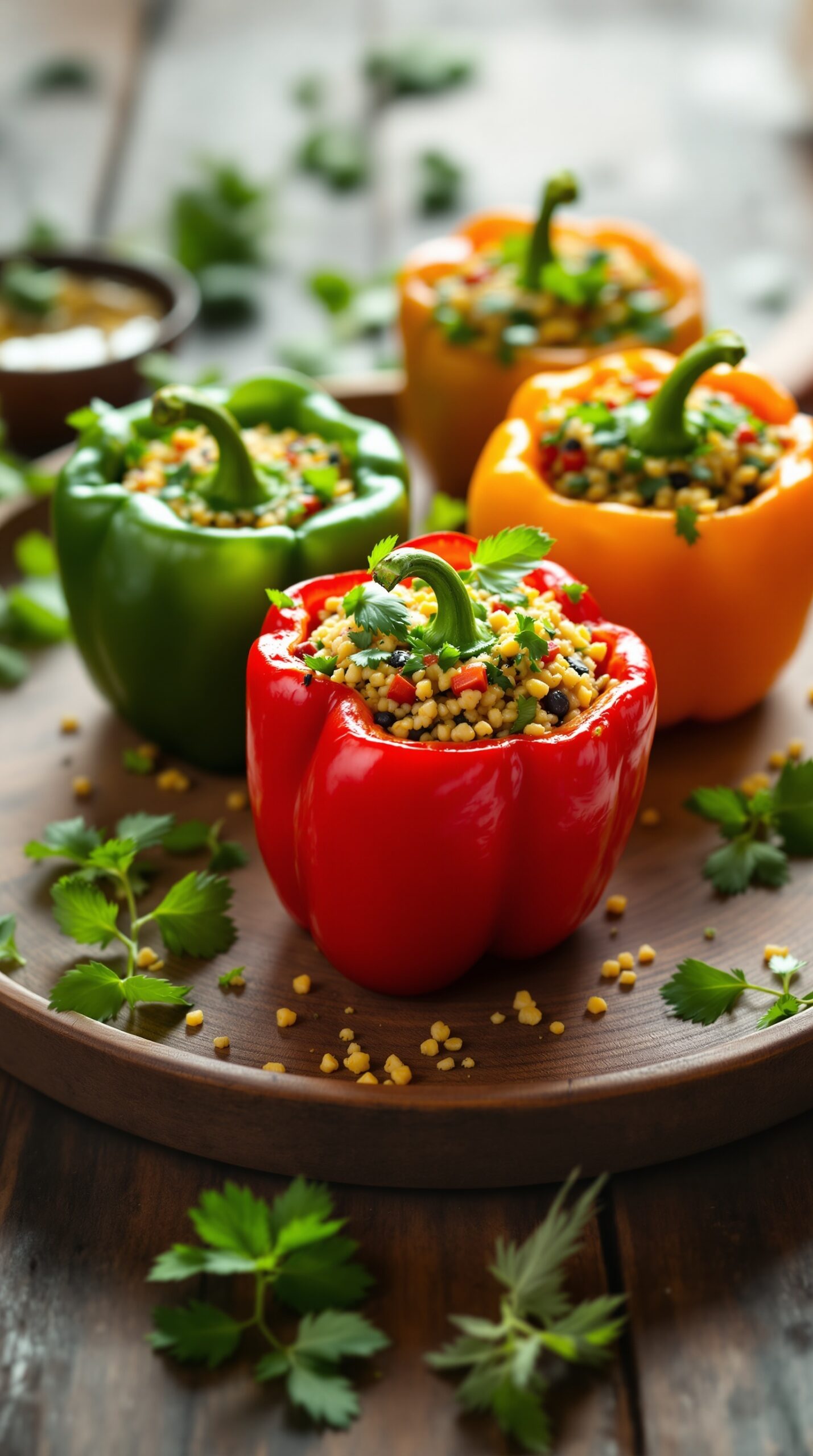 Colorful quinoa-stuffed bell peppers on a wooden platter