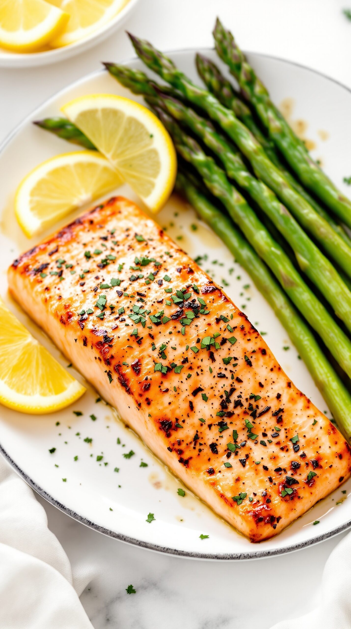 Baked salmon fillet with asparagus and lemon slices on a plate