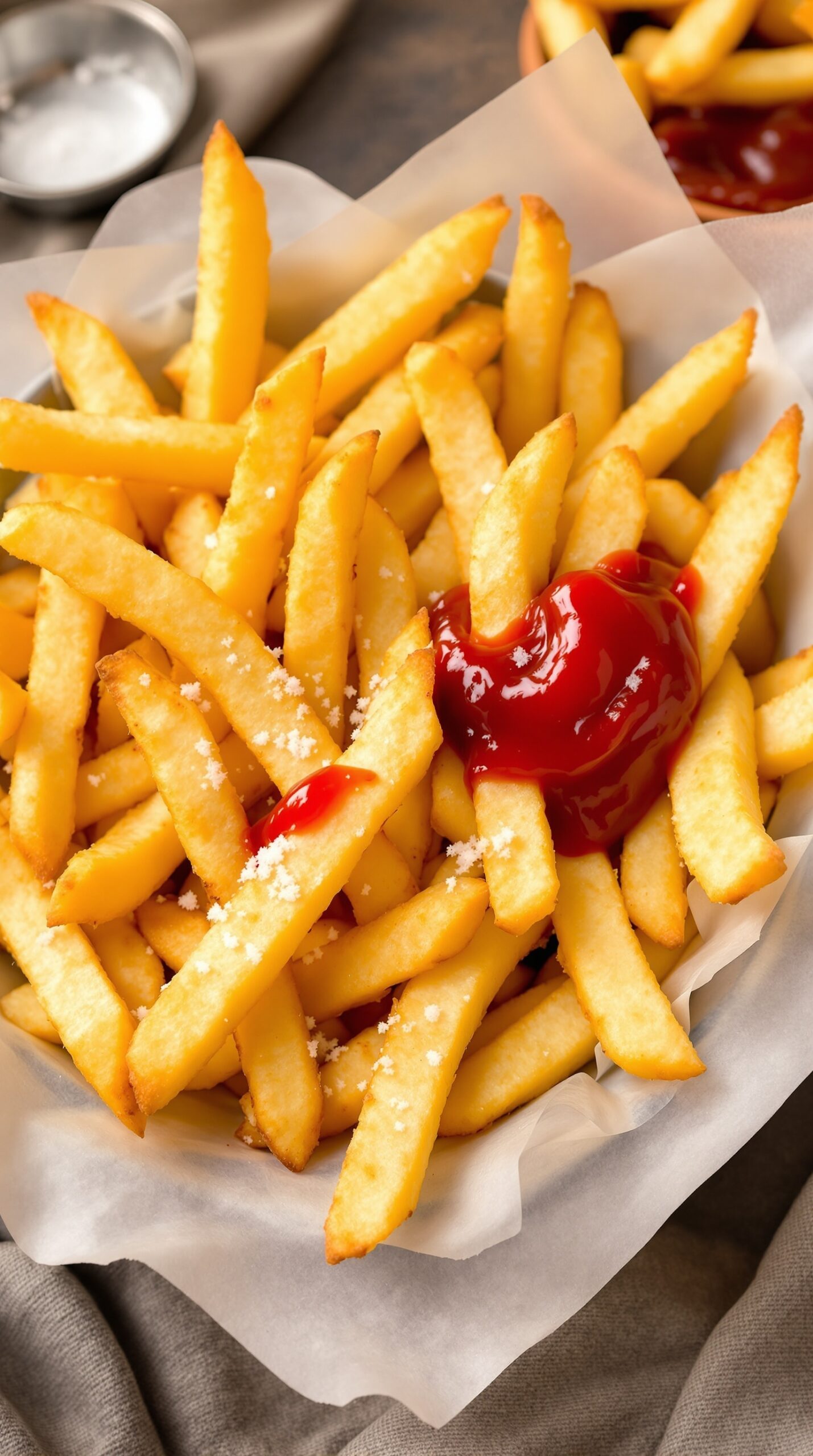 A bowl of golden air fryer French fries with ketchup