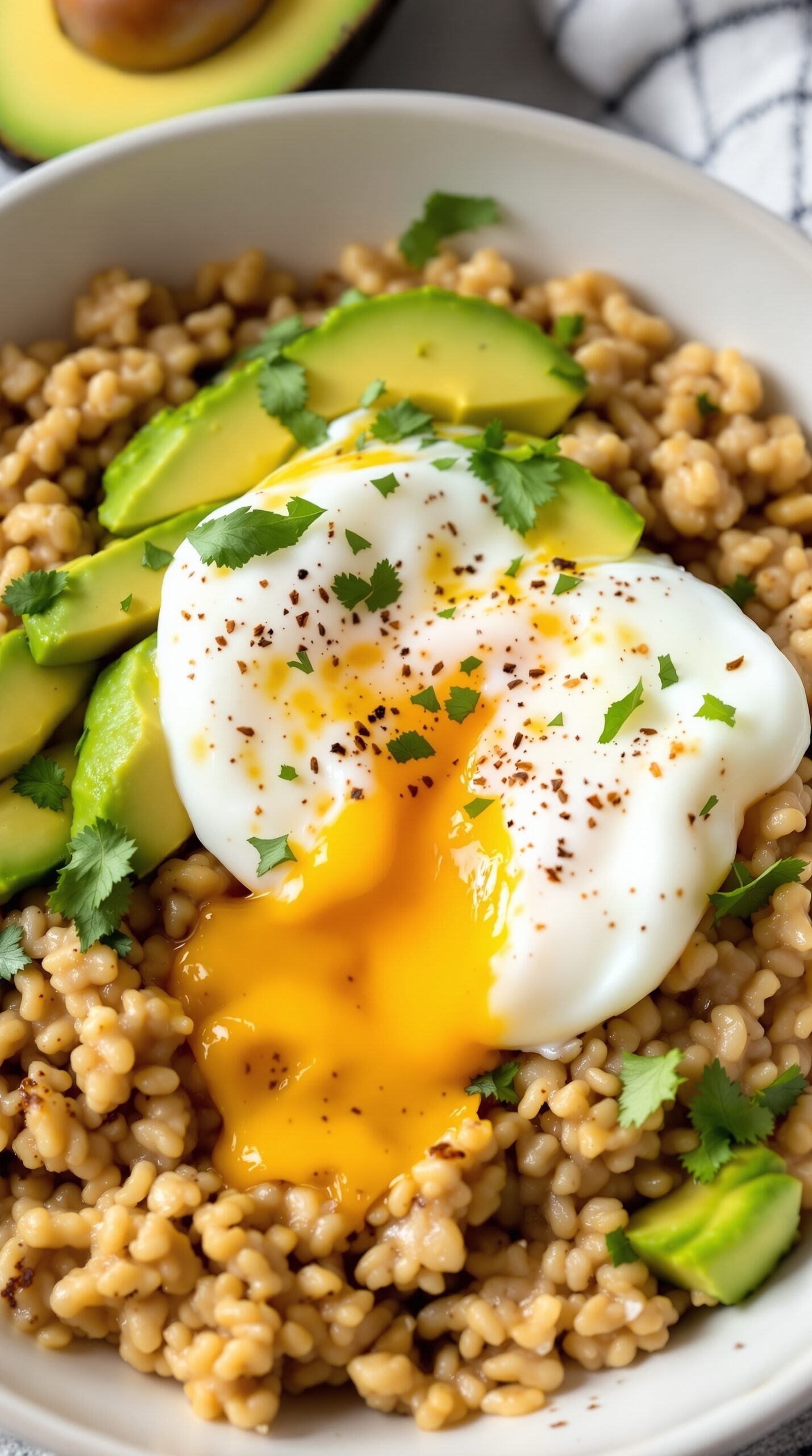 A bowl of savory oatmeal topped with avocado slices and a poached egg, garnished with cilantro.