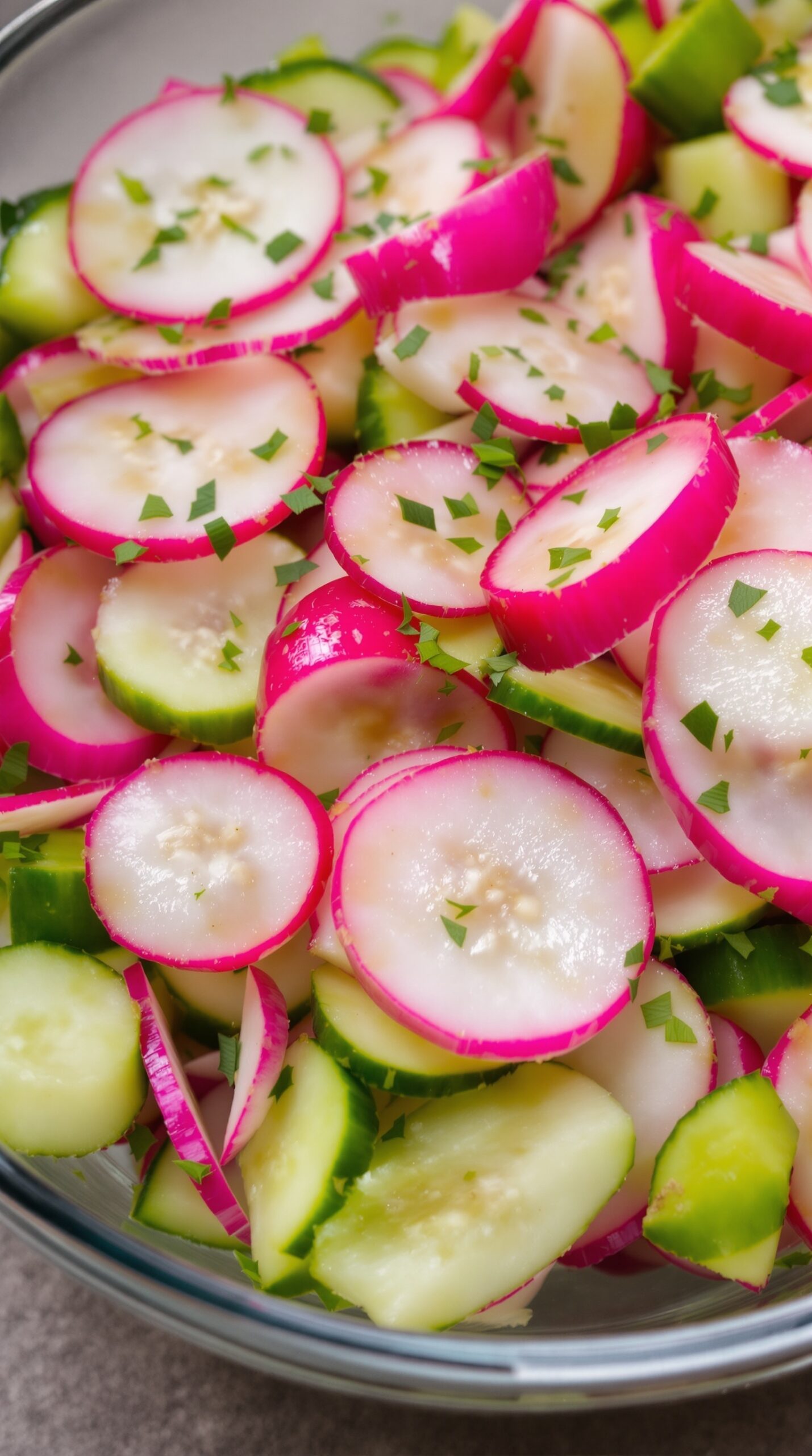 A colorful bowl of sliced cucumbers and radishes garnished with parsley.