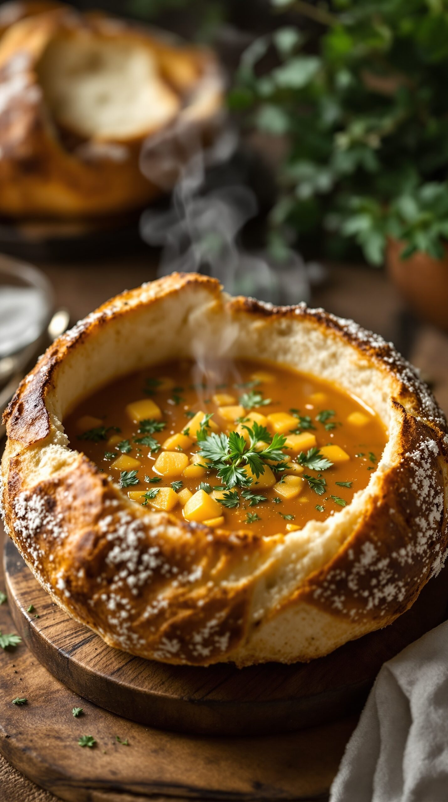 Sourdough bread bowl filled with soup garnished with herbs