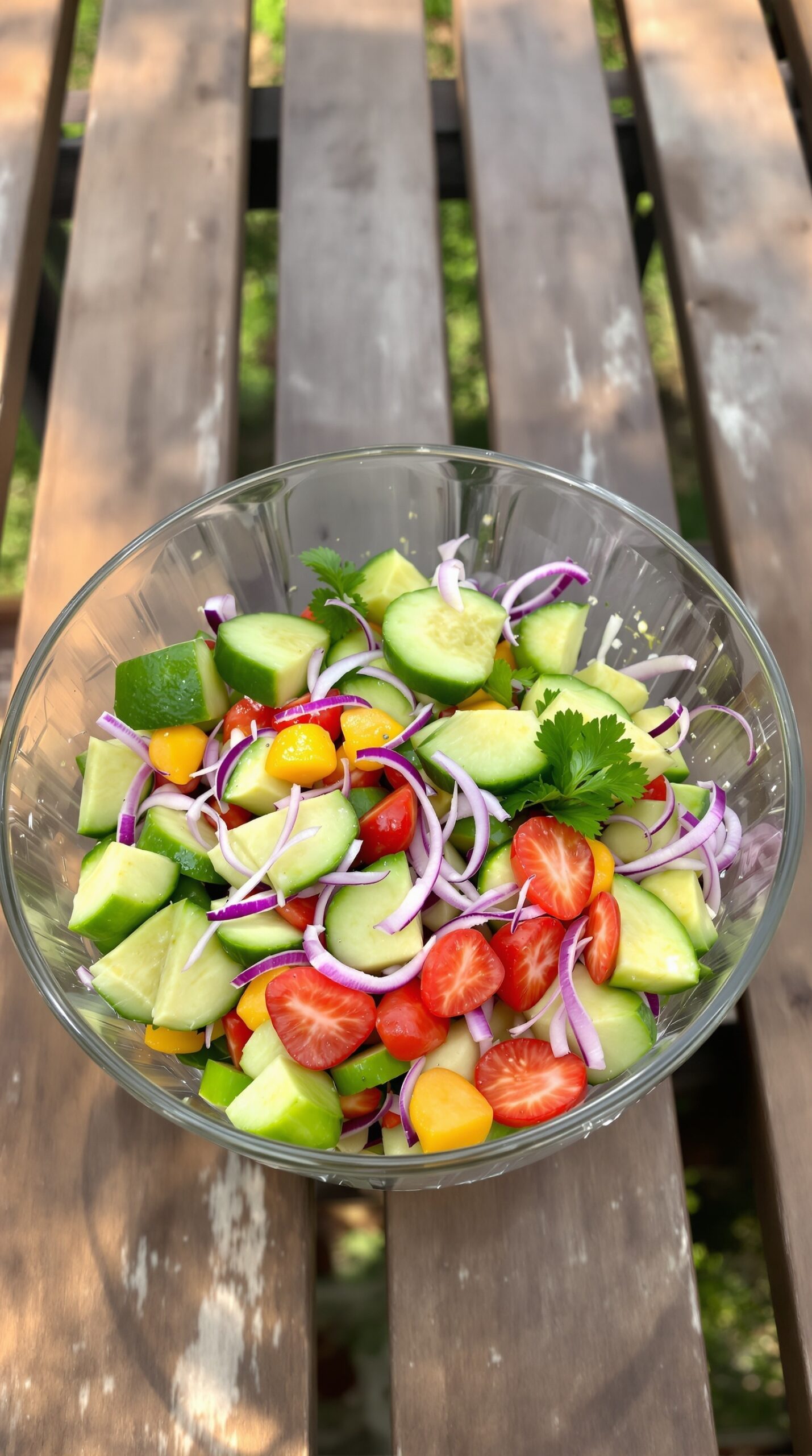 A vibrant bowl of cucumber and avocado salad, colorful with cherry tomatoes, red onion, and cilantro.