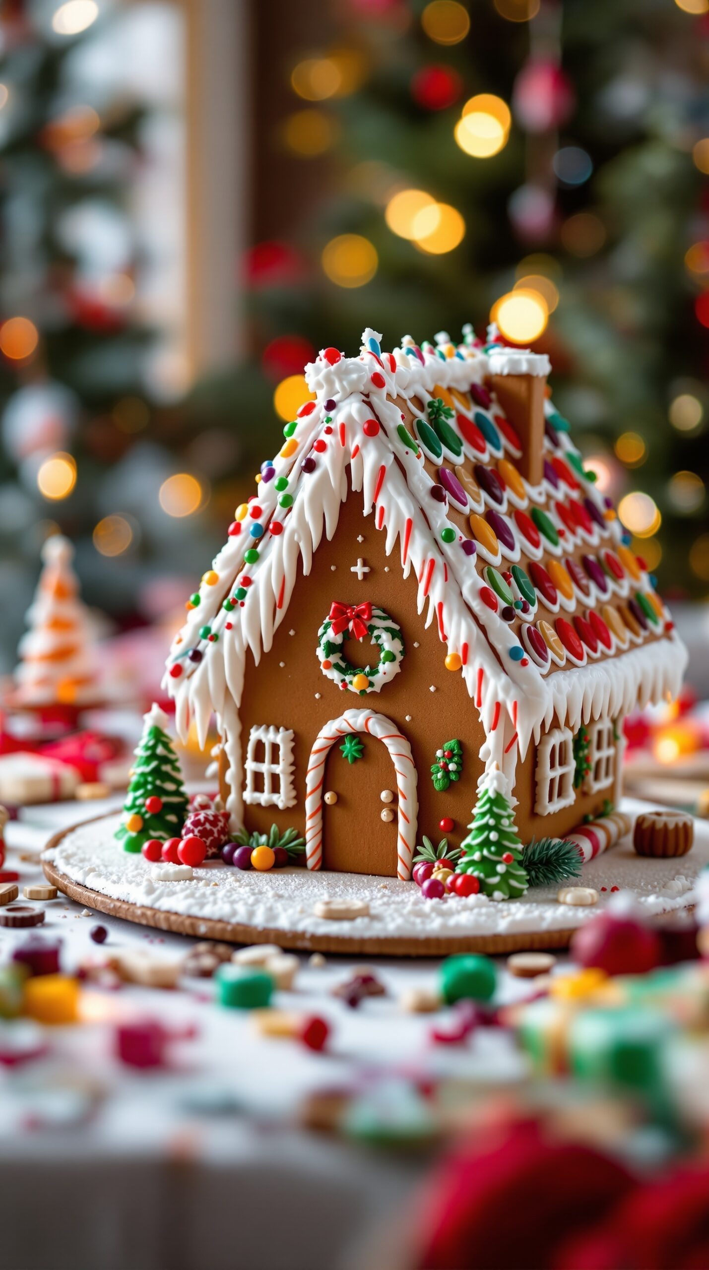 A beautifully decorated gingerbread house with colorful candies and icing, surrounded by festive decorations.