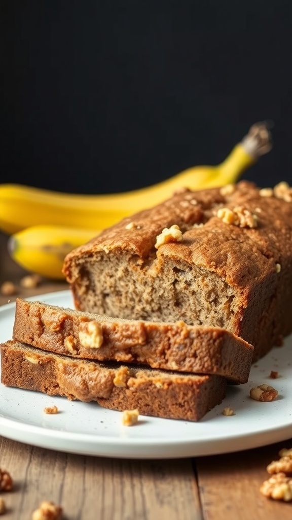 A loaf of sourdough banana bread sliced on a plate with walnuts, accompanied by bananas in the background.