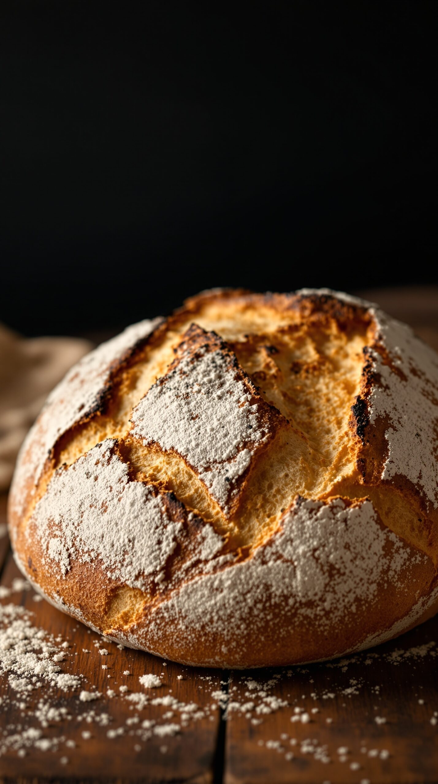 A round loaf of sourdough bread with a crispy crust, dusted with flour, resting on a wooden surface.