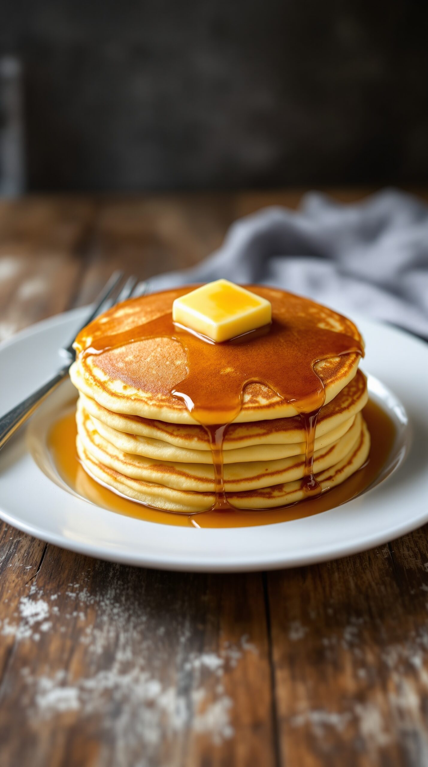 A stack of fluffy buttermilk pancakes topped with butter and syrup on a white plate.