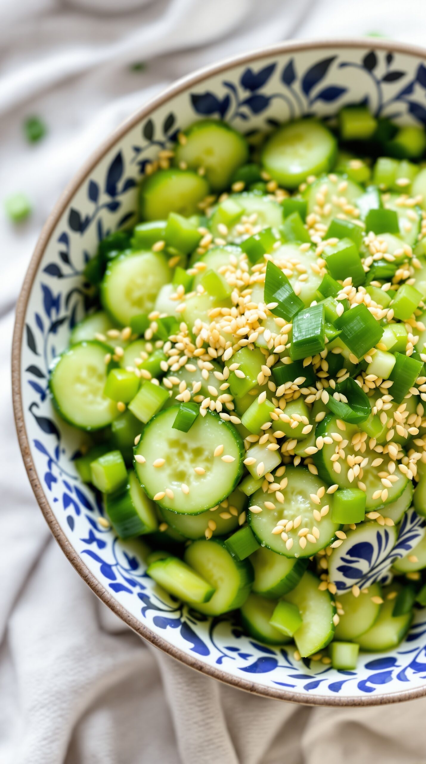 A bowl of Asian Sesame Cucumber Salad with sliced cucumbers, green onions, and sesame seeds.