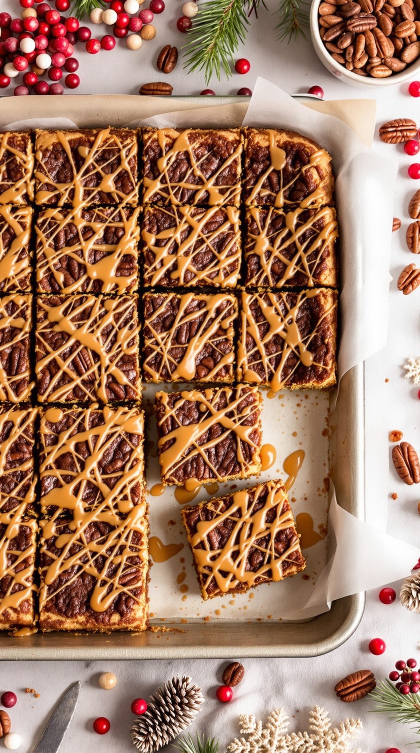 Delicious pecan pie bars topped with caramel drizzle, surrounded by festive decorations.