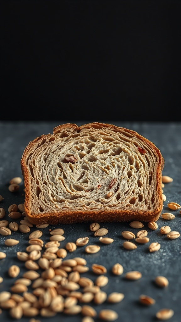 A sliced loaf of sourdough whole wheat bread with scattered wheat grains.