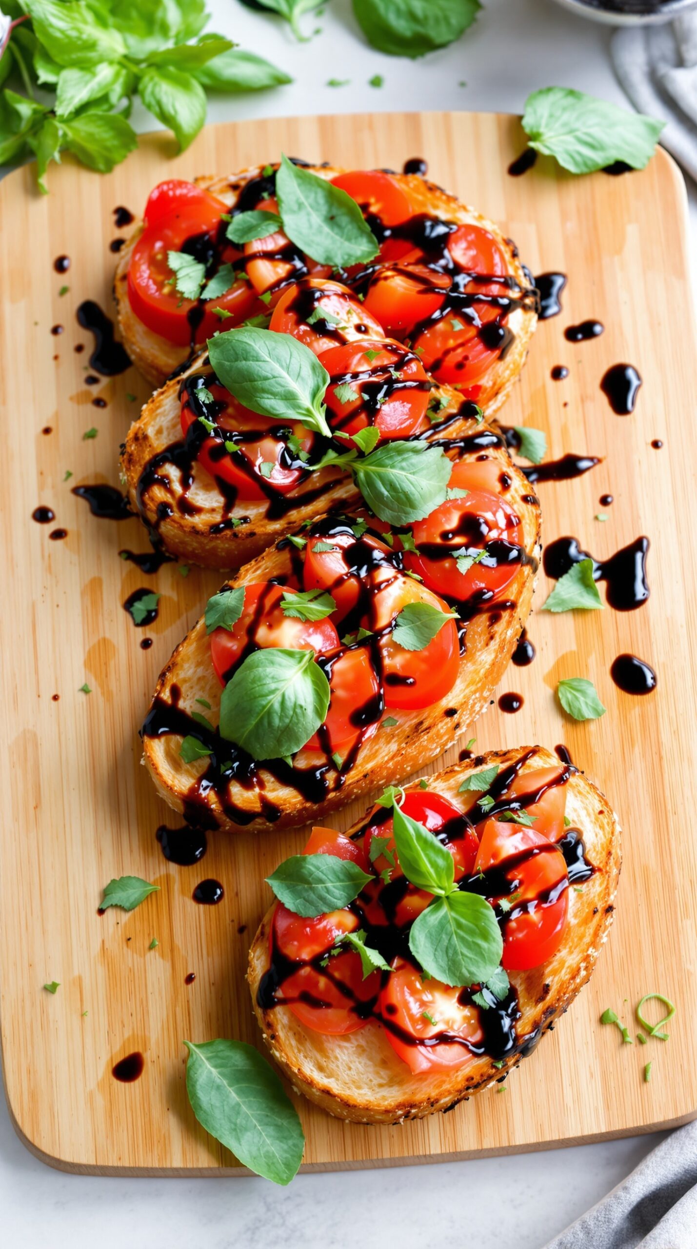 Toasted bread topped with tomatoes and basil drizzled with balsamic glaze