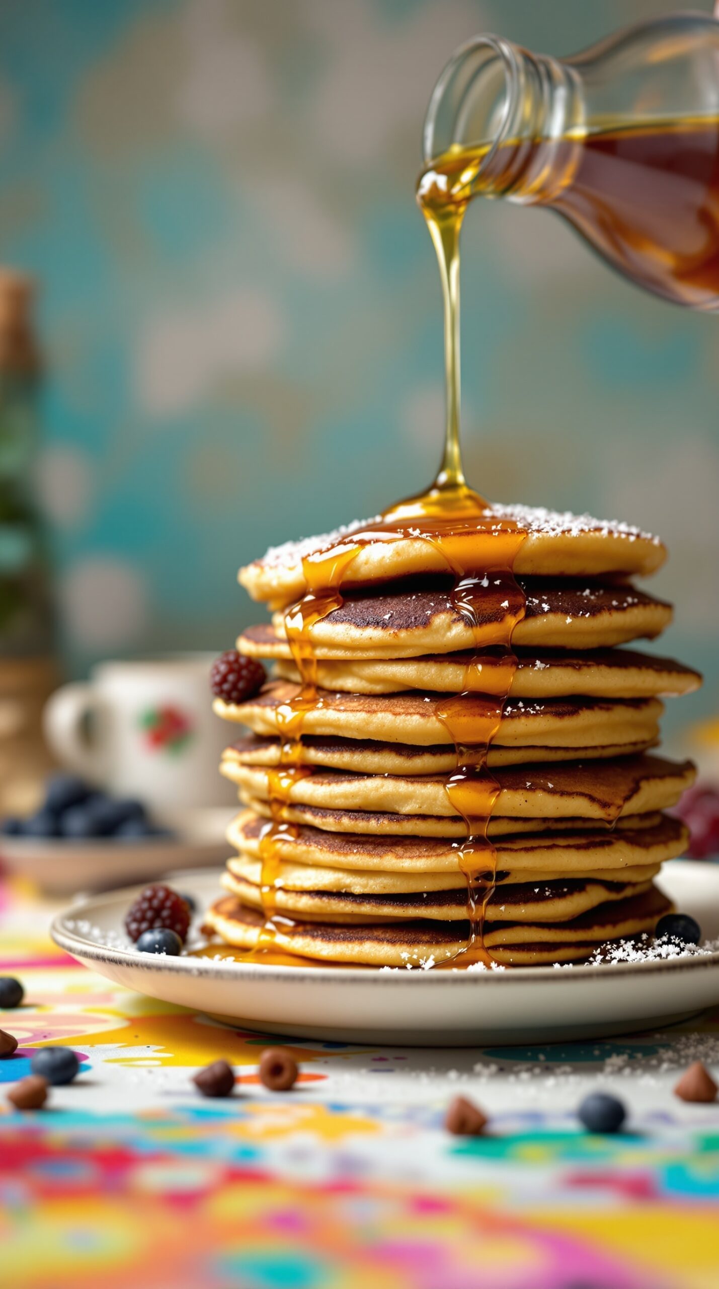A stack of vegan pancakes with maple syrup drizzling down the sides, surrounded by fresh berries.