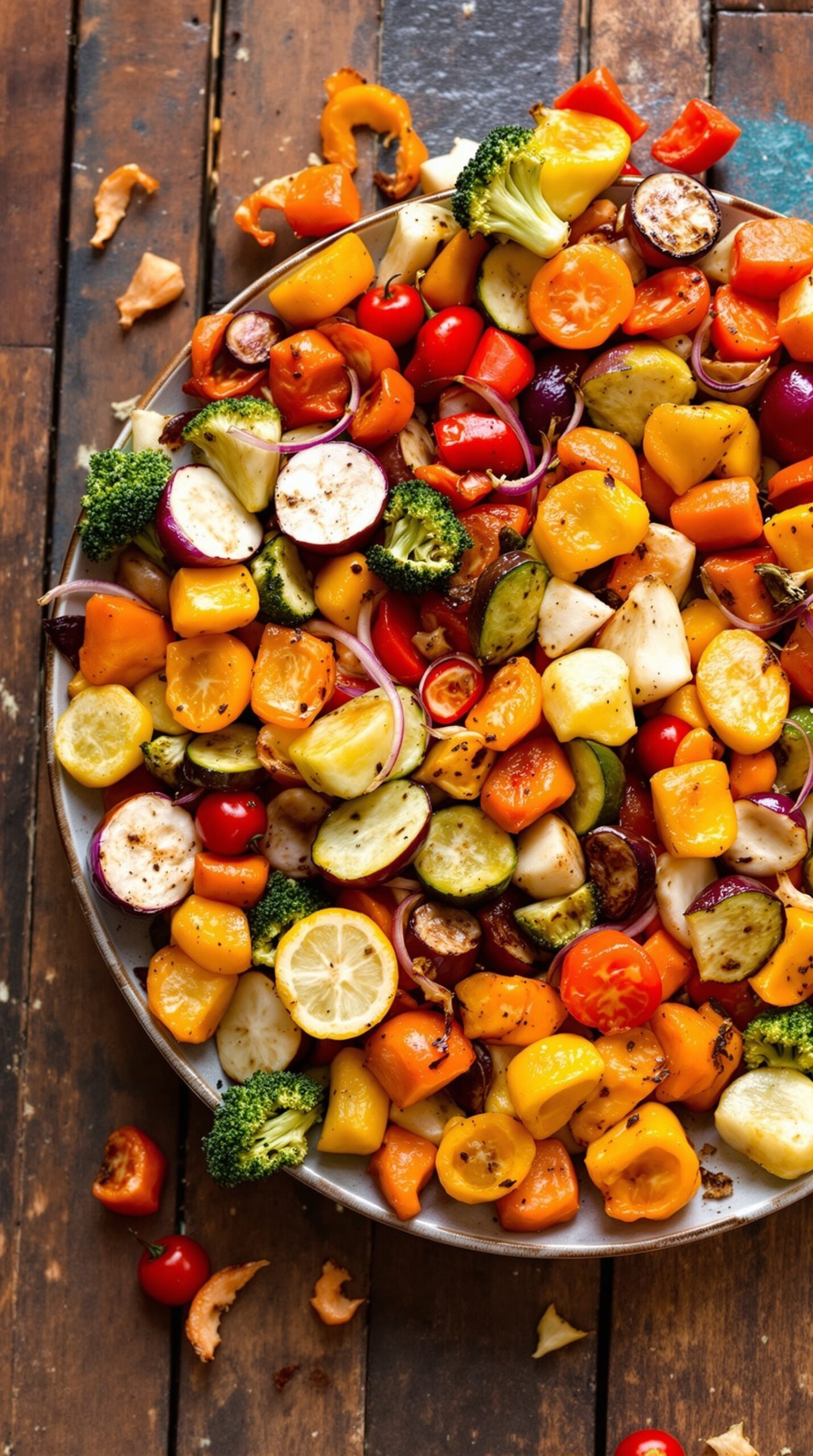 A colorful medley of roasted vegetables including bell peppers, broccoli, and cherry tomatoes, arranged on a plate.