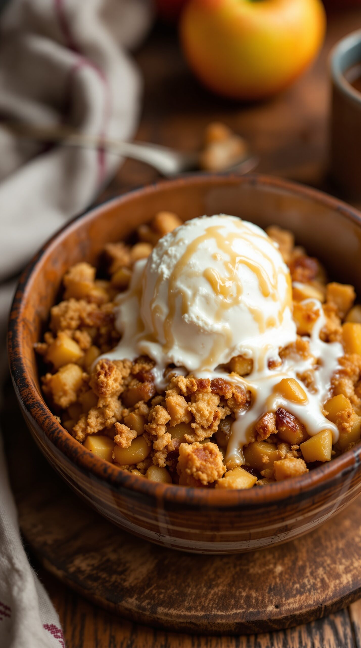 A bowl of spiced apple crisp topped with vanilla ice cream and caramel drizzle.