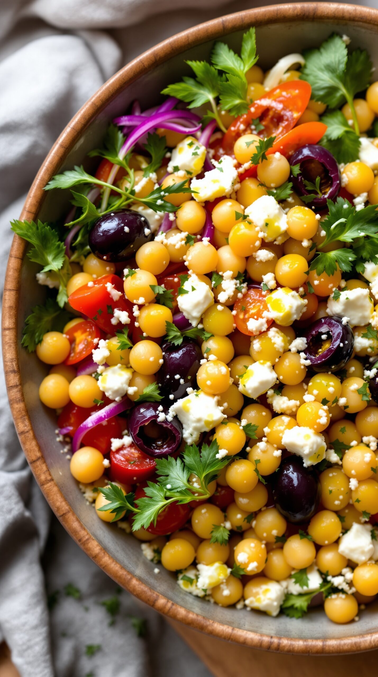 A colorful Mediterranean Chickpea Bowl with chickpeas, tomatoes, olives, feta cheese, and parsley.