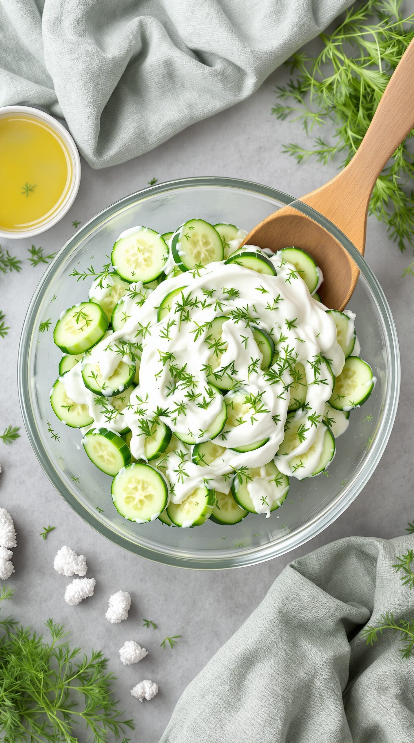A bowl of classic dill cucumber salad with sliced cucumbers, creamy dressing, and fresh dill.