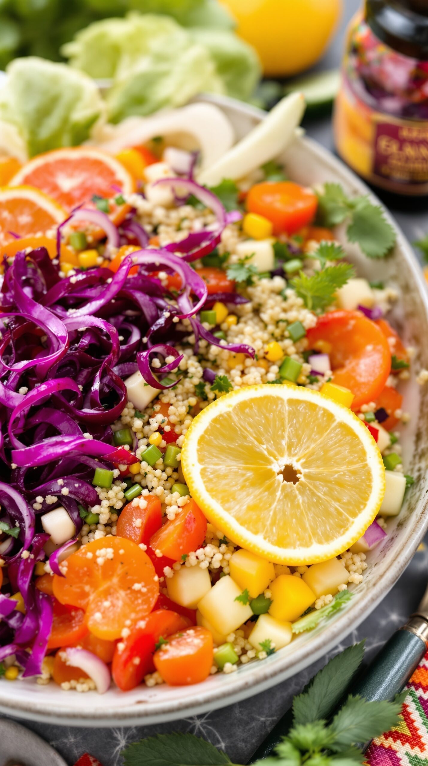 A colorful Citrus Quinoa Salad with vibrant vegetables and fruits, topped with a slice of lemon.