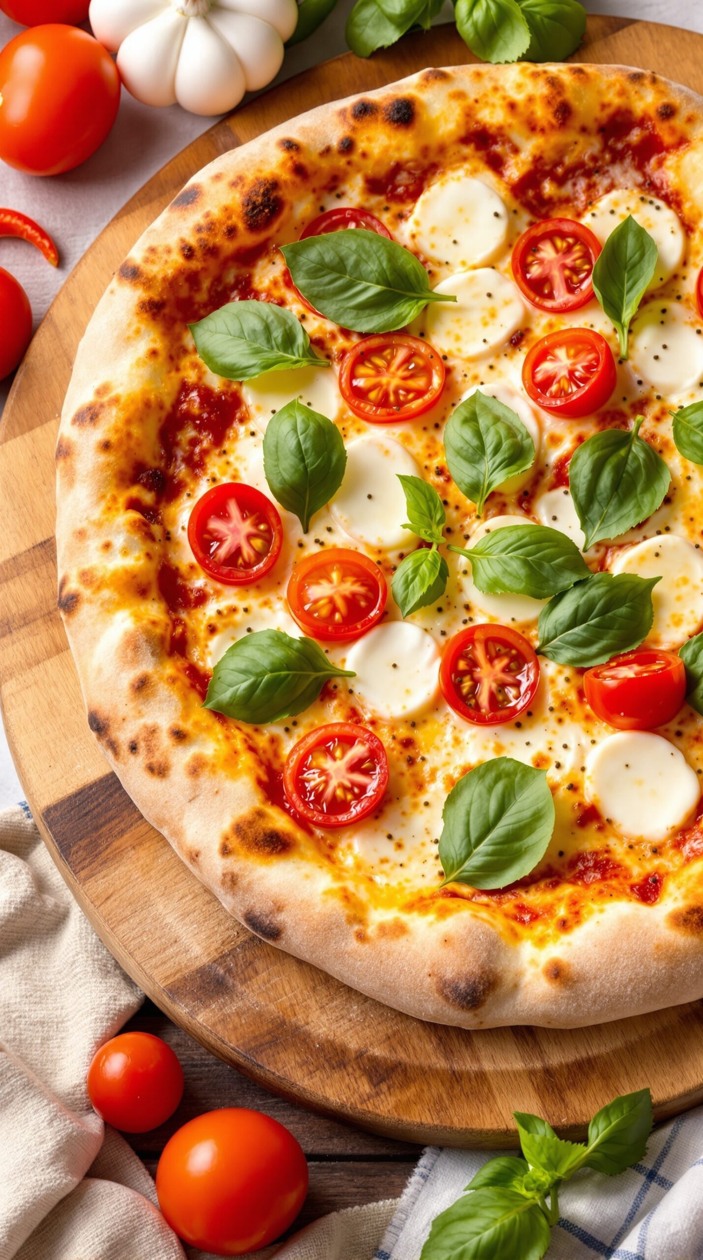Savory sourdough pizza topped with cherry tomatoes, mozzarella, and basil leaves on a wooden board.