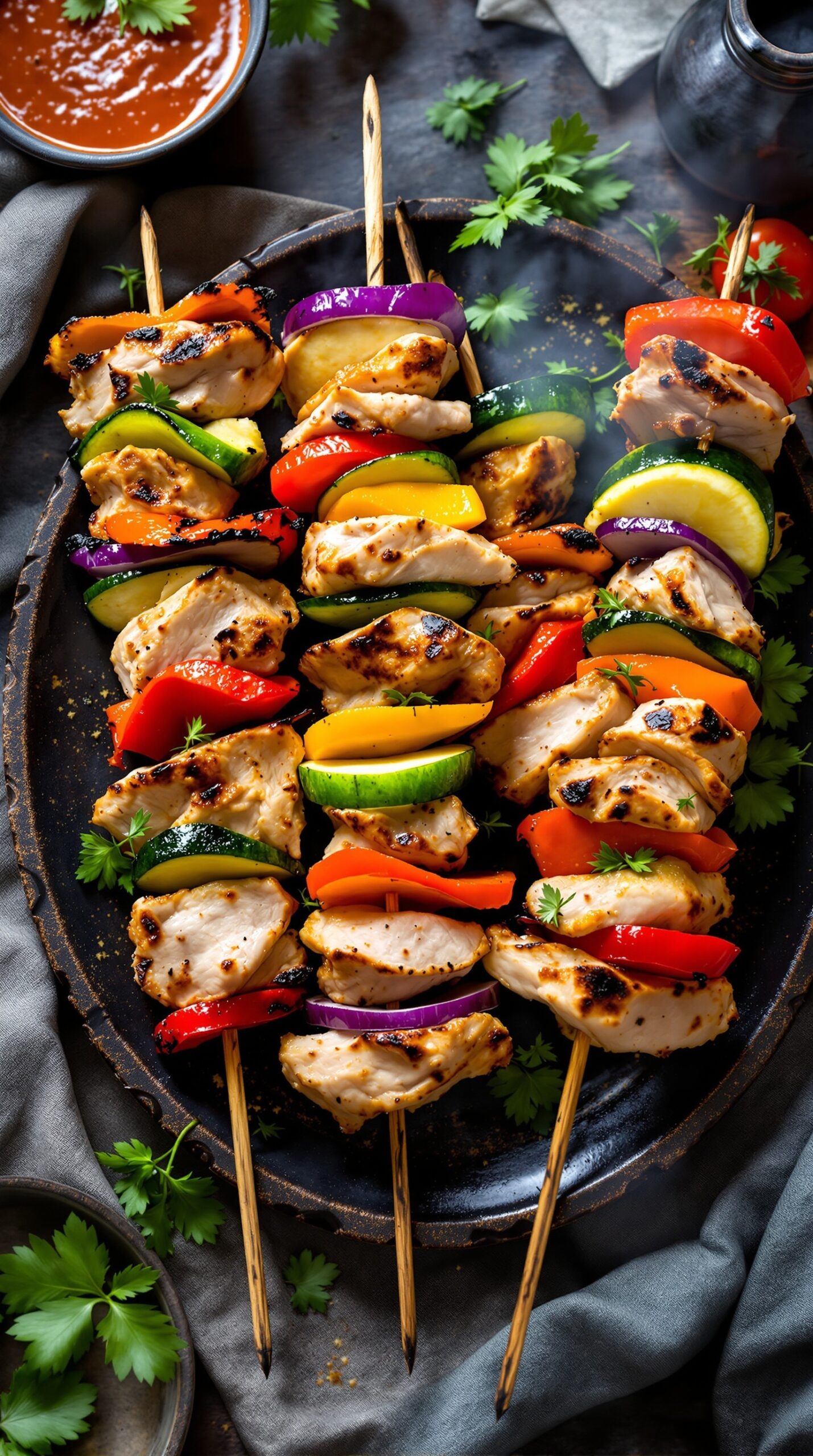 Delicious turkey and vegetable skewers on a platter