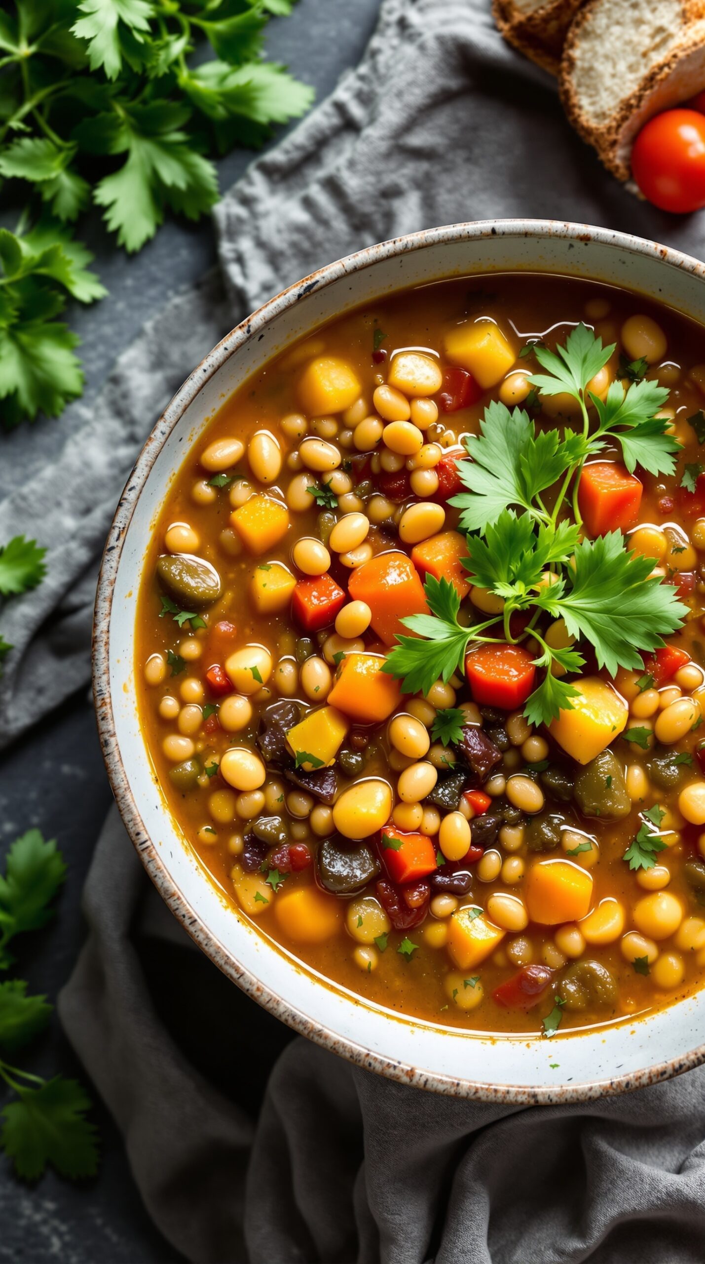 A bowl of hearty lentil and vegetable soup garnished with fresh parsley.