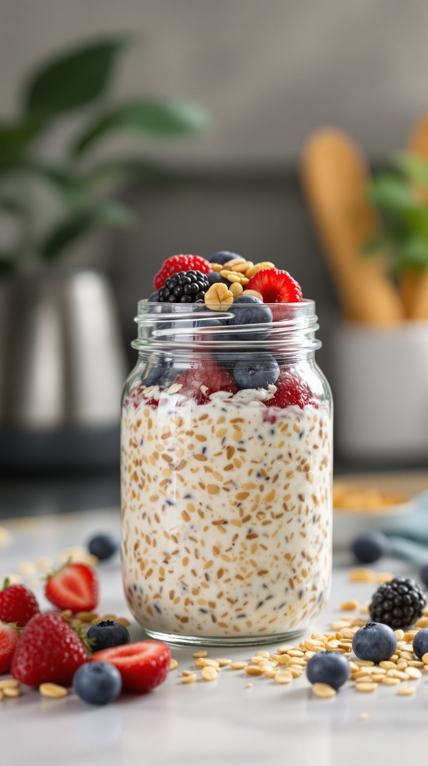 A jar of overnight oats topped with berries and nuts, surrounded by fresh strawberries and blueberries.