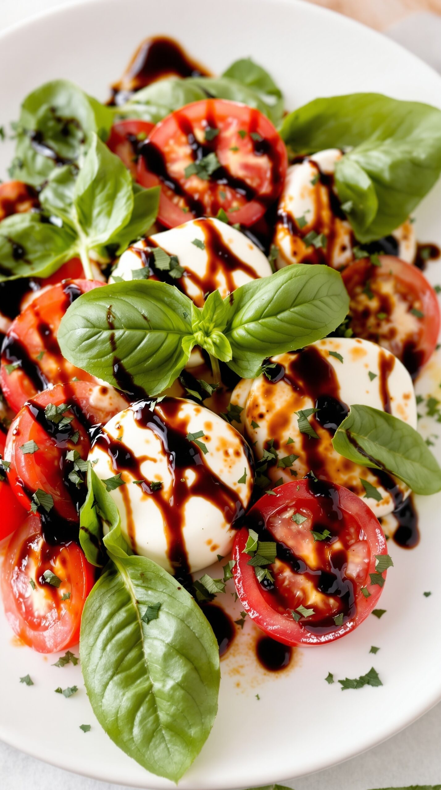 A colorful plate of Caprese salad with mozzarella, tomatoes, fresh basil, and balsamic glaze.