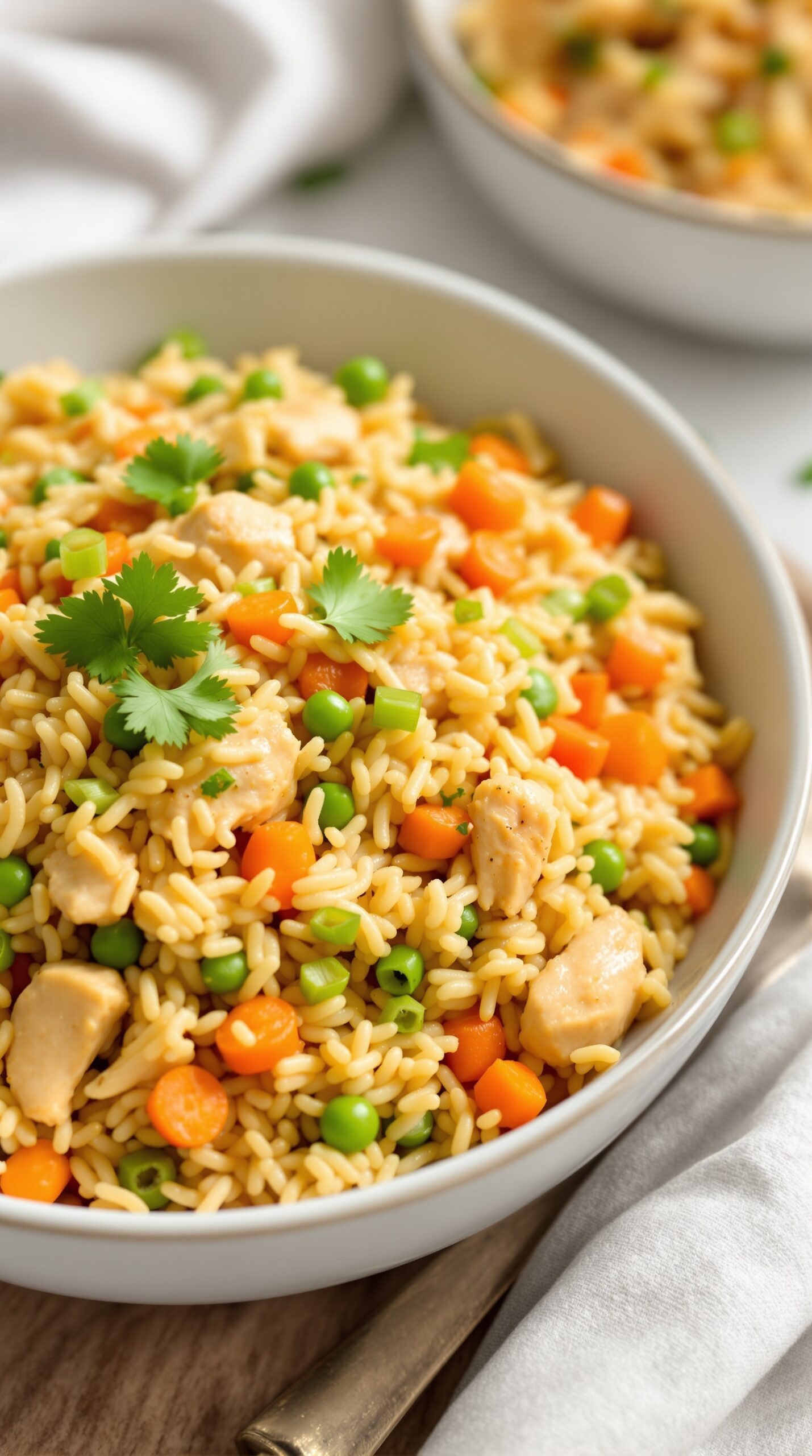 A bowl of aromatic chicken fried rice with chicken pieces, green peas, and carrots topped with fresh herbs.