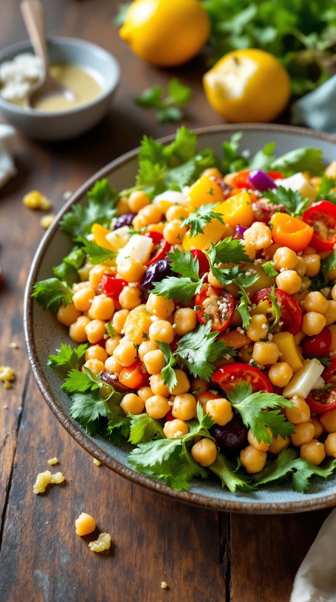 Colorful Mediterranean chickpea salad with vegetables and herbs in a bowl.