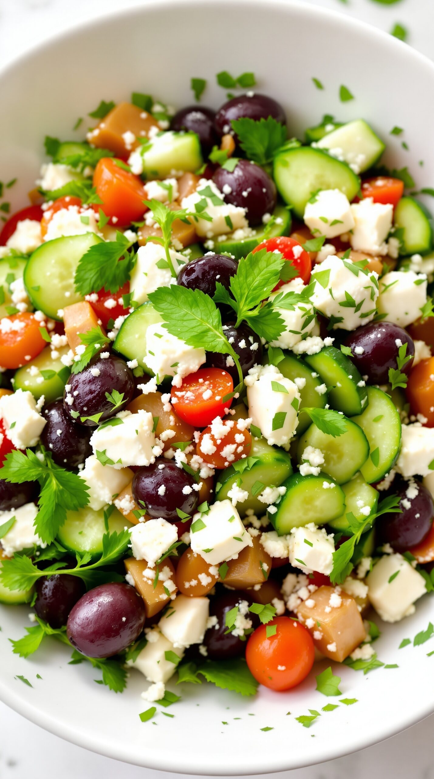 A colorful Mediterranean cucumber salad with feta, olives, and herbs.