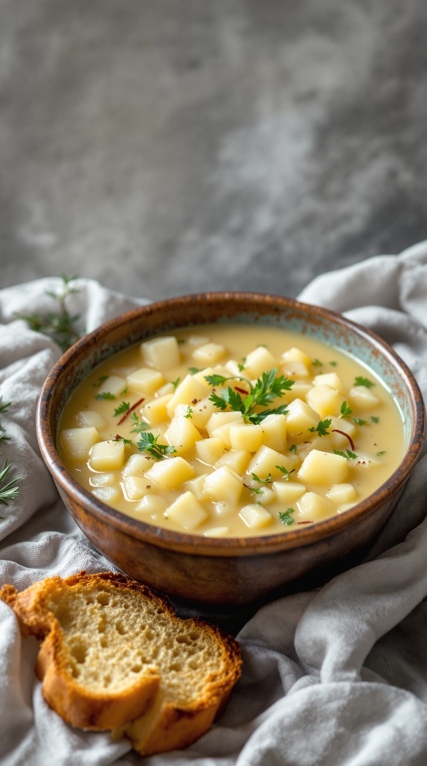 A bowl of chunky potato and leek soup with diced potatoes and fresh parsley, accompanied by a slice of bread.